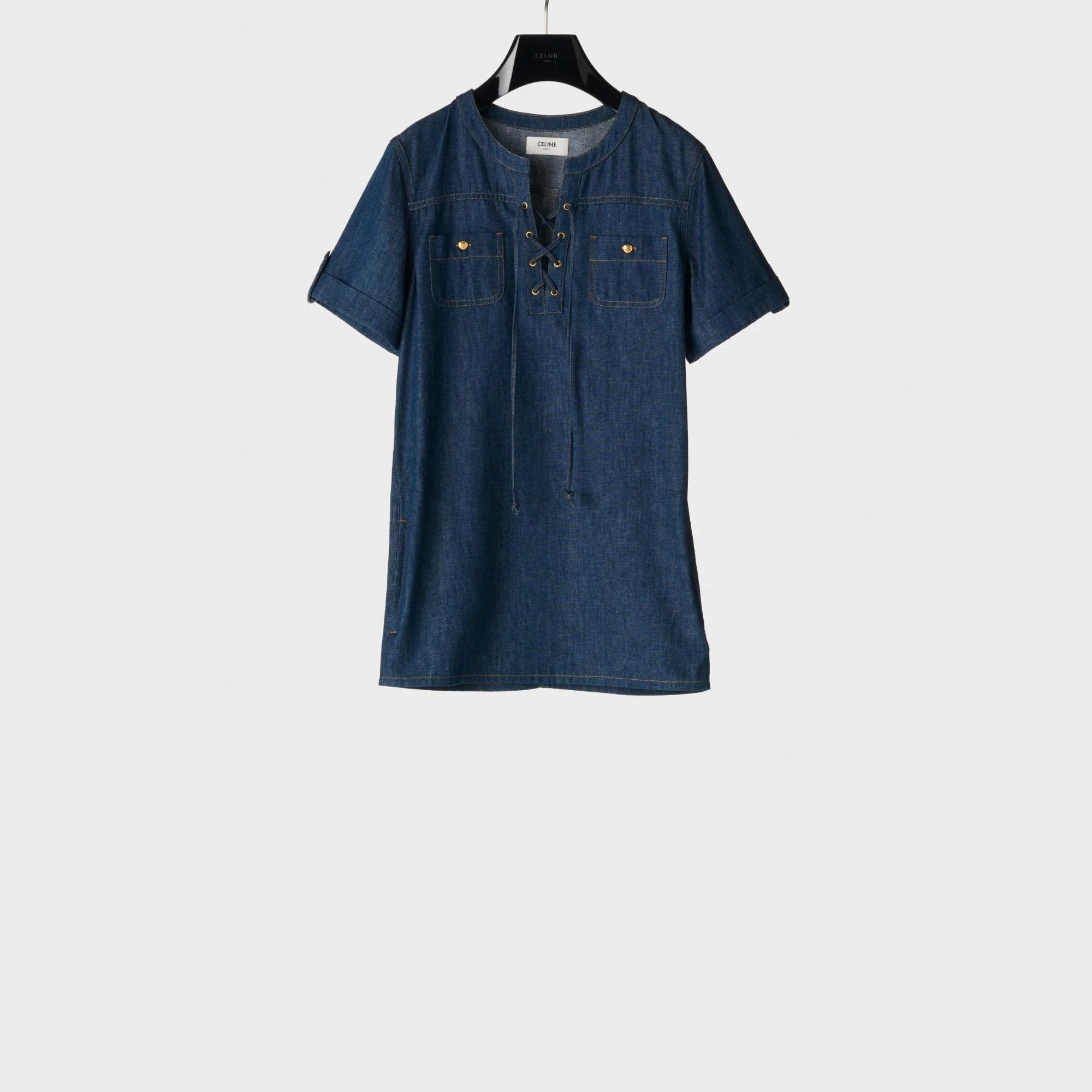 Mini Robe Col V Lacet - Dark Ocean Wash
