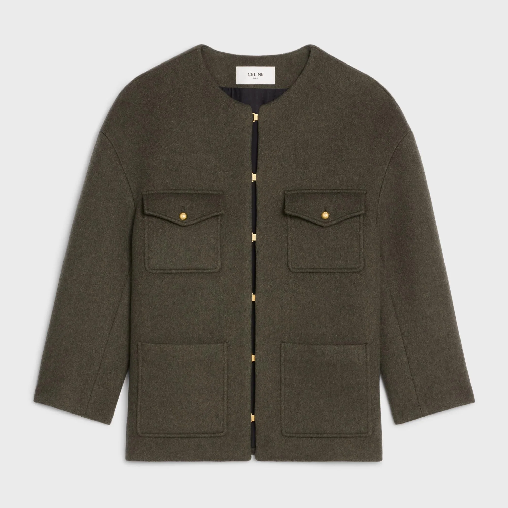Jacket With Oversized Staple Pure Collar - Khaki Melange