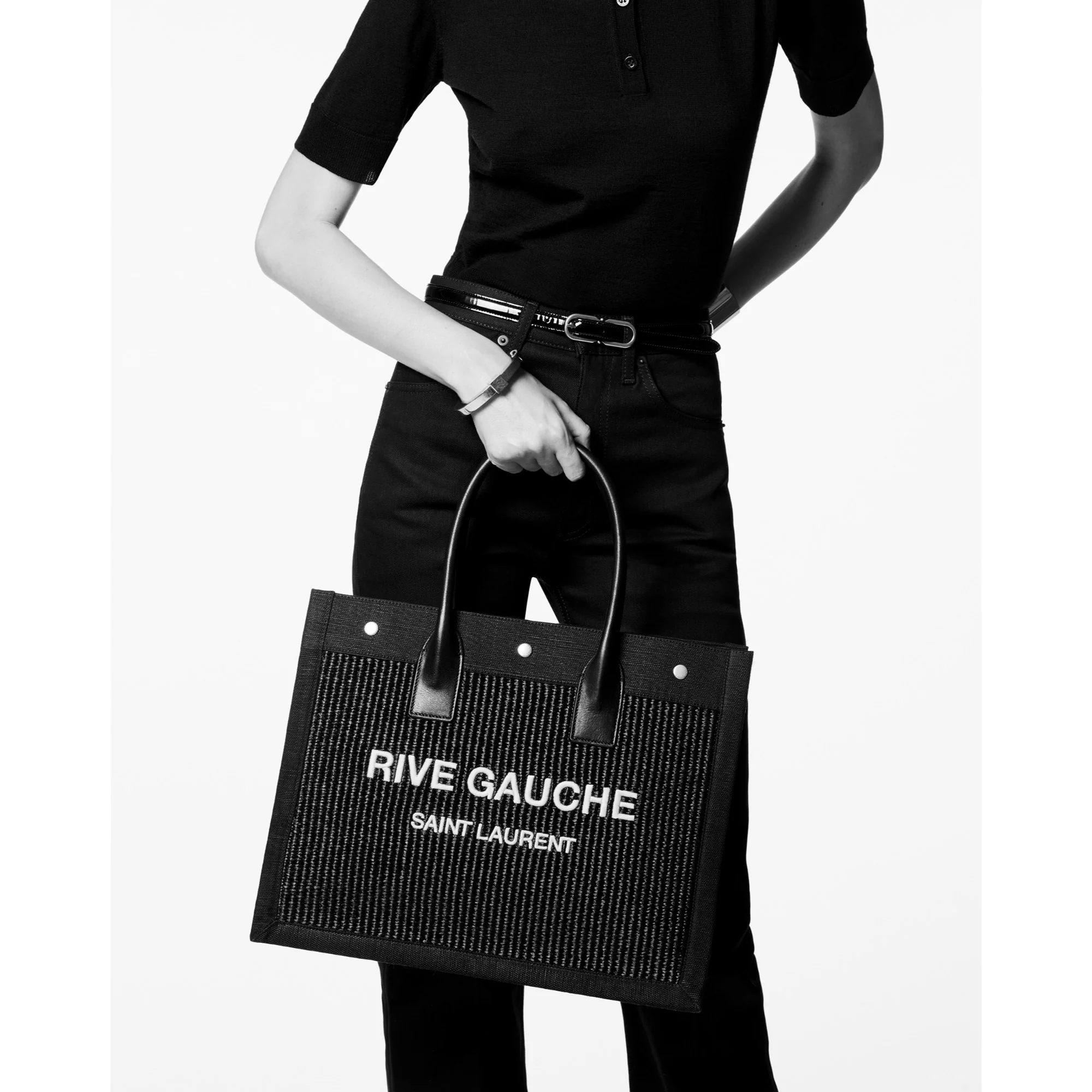 Small Rive Gauche Tote Bag - Nero/Natural Beige - Image 5