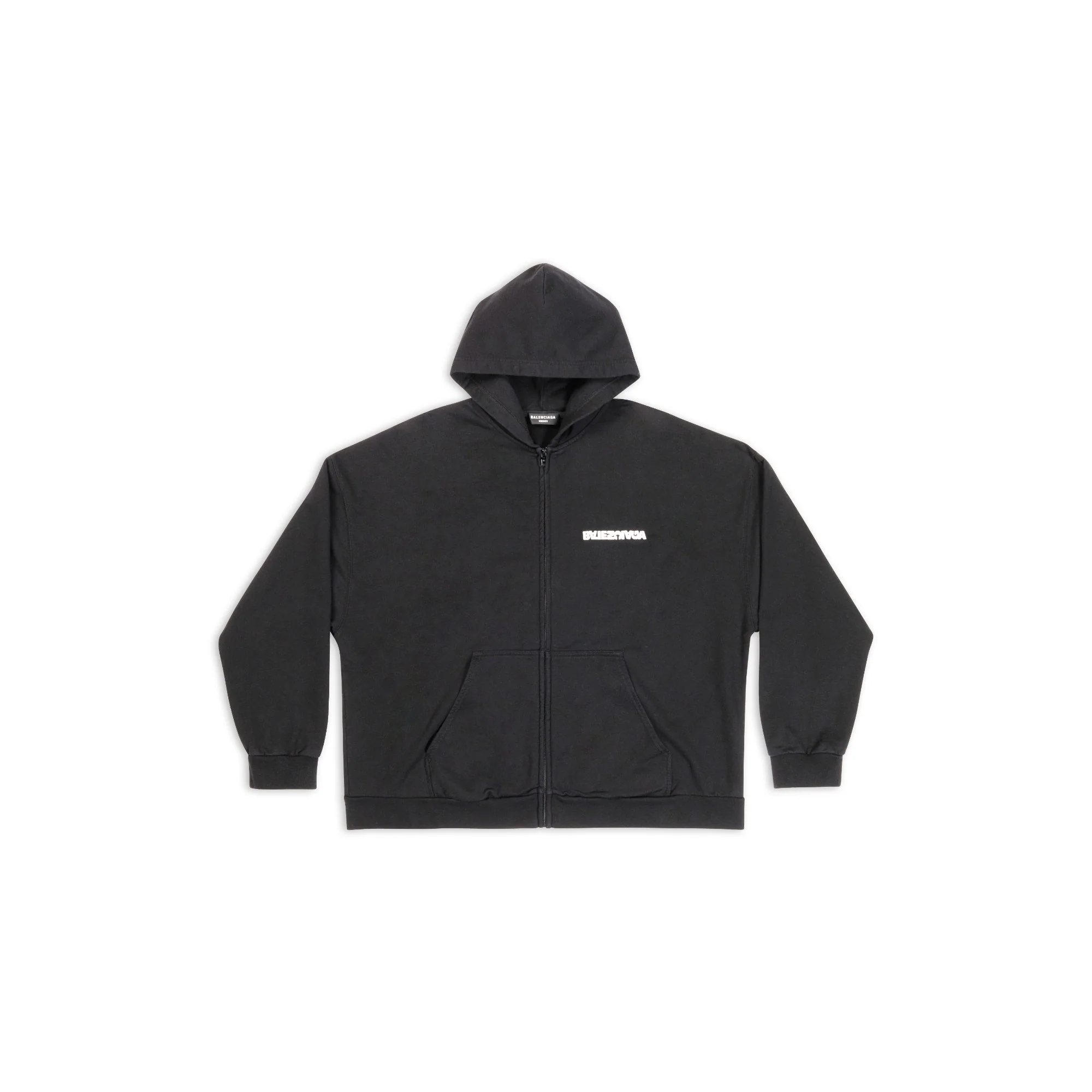 Wide Fit Zip-Up Hoodie - Washed Black/White