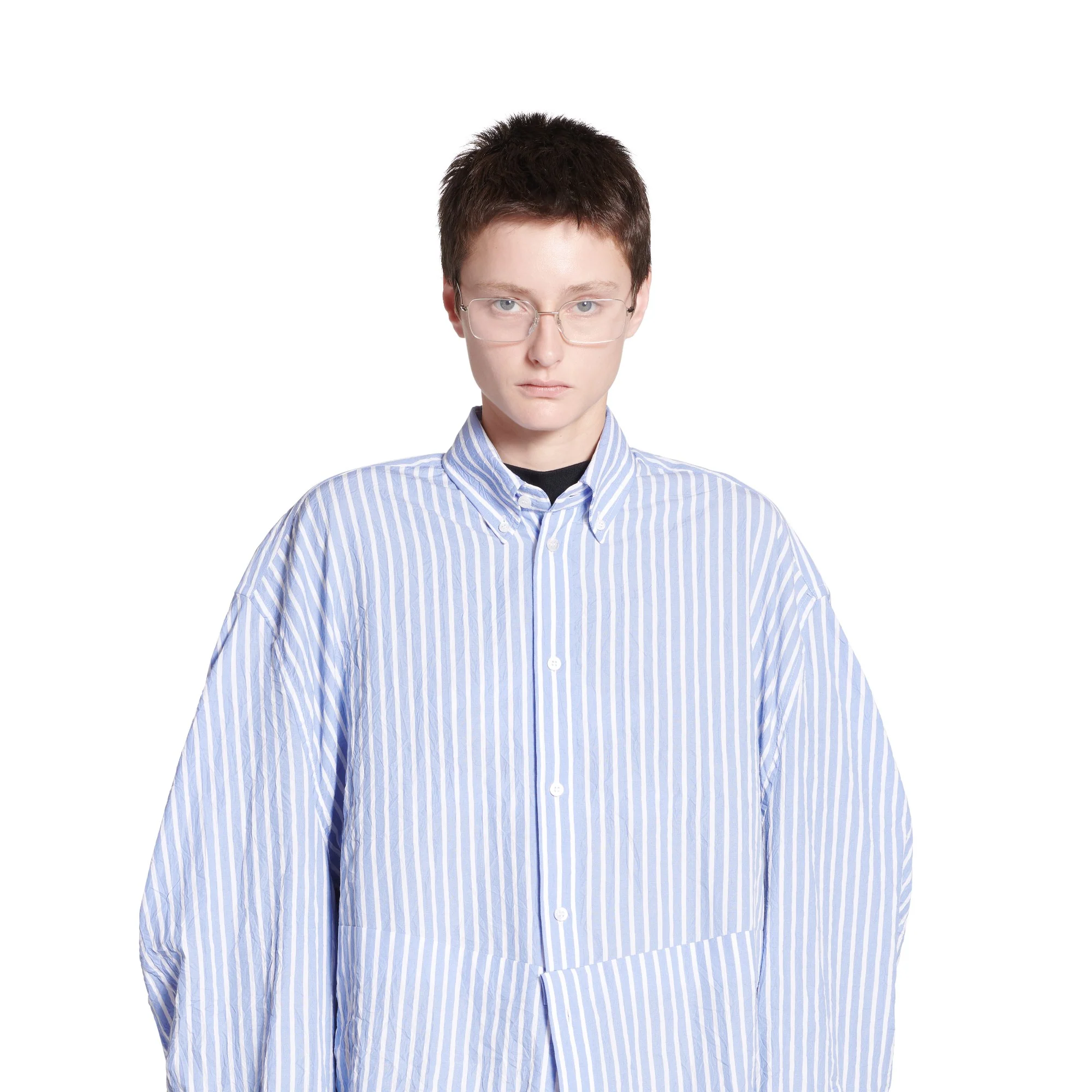 Twisted Sleeve Shirt - Light Blue/White