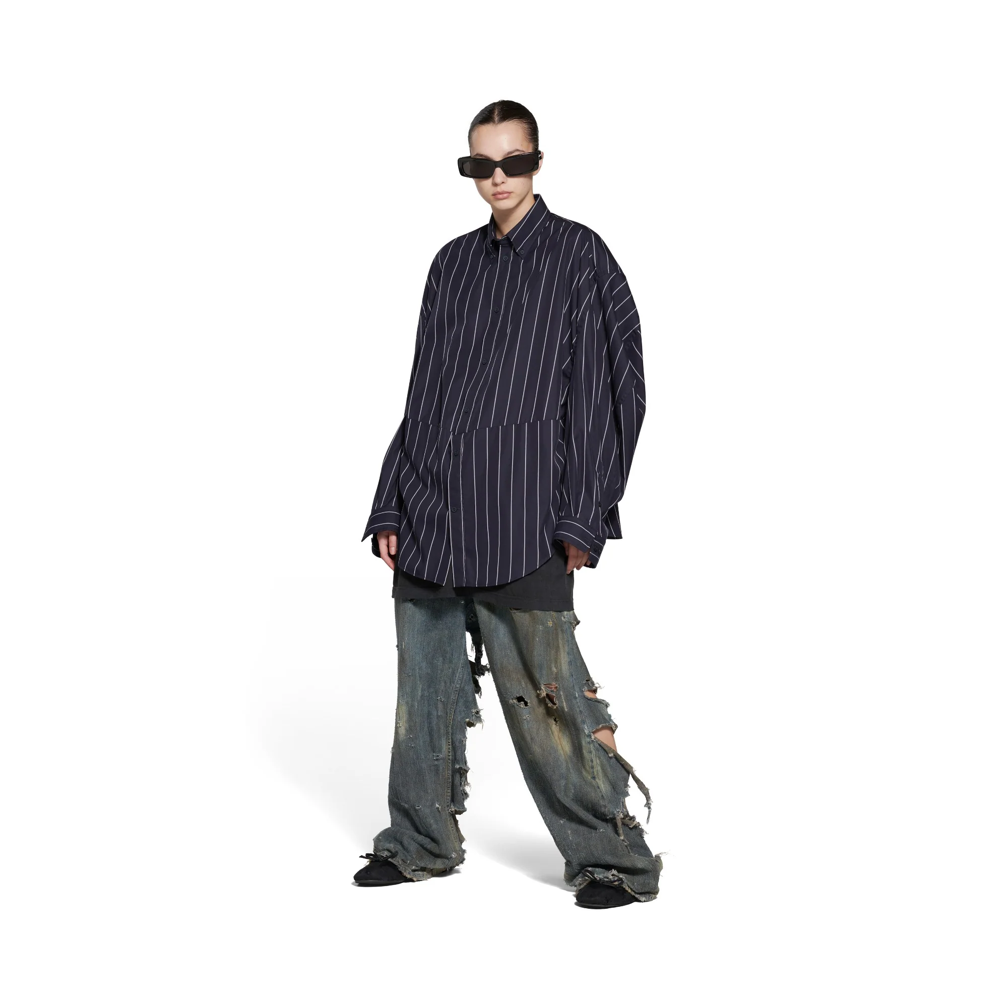 Twisted Sleeve Shirt - Navy/White - Image 4