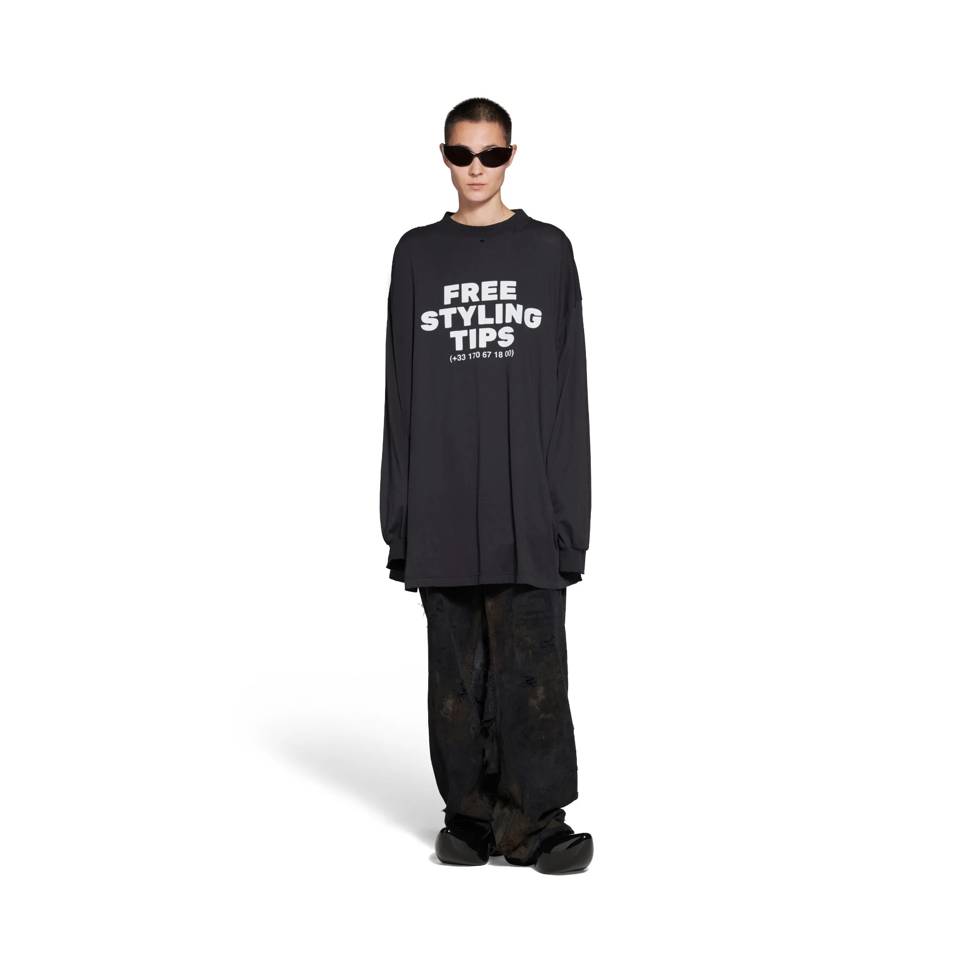 Long Sleeve Large Fit T-Shirt - Washed Black/White - Image 4