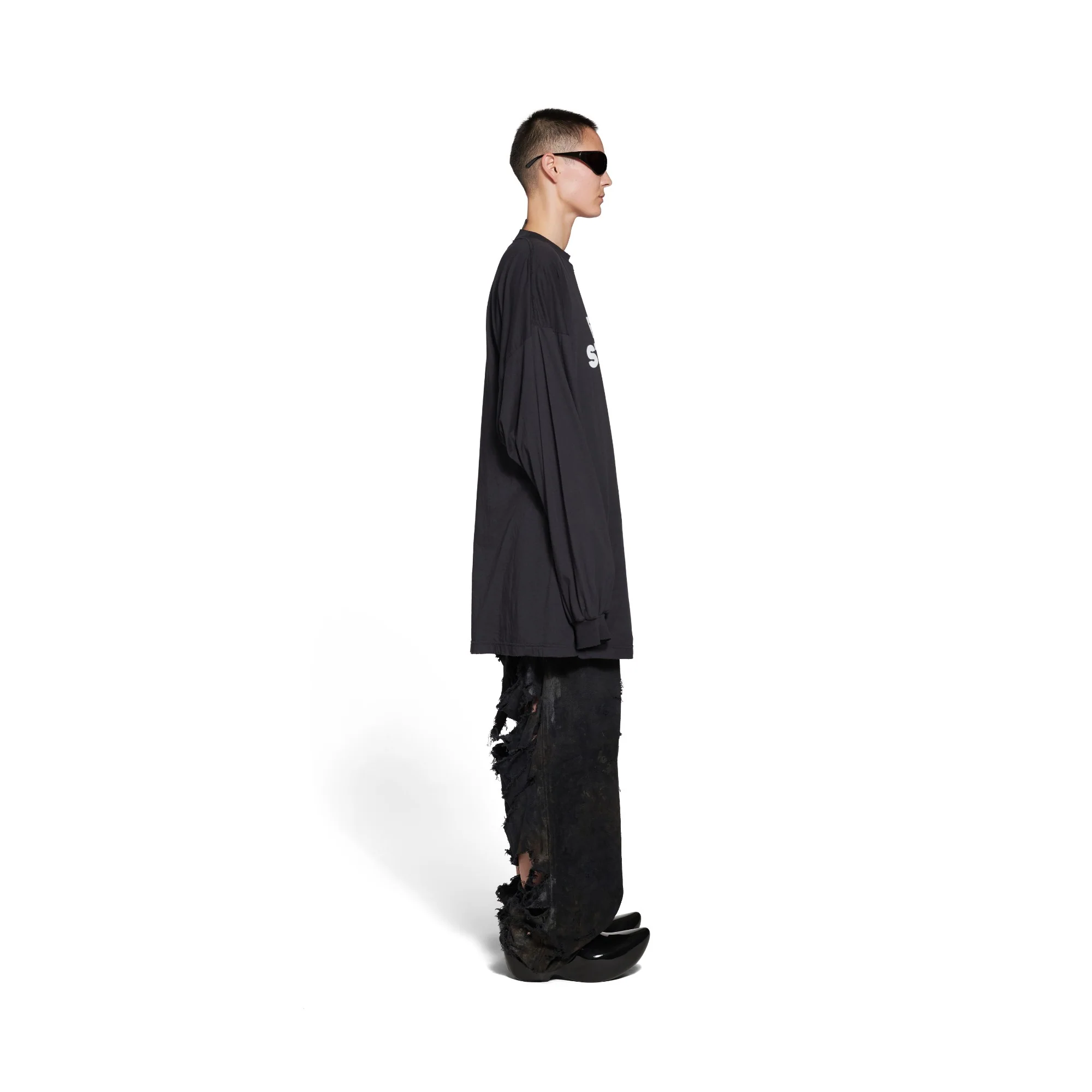Long Sleeve Large Fit T-Shirt - Washed Black/White - Image 6