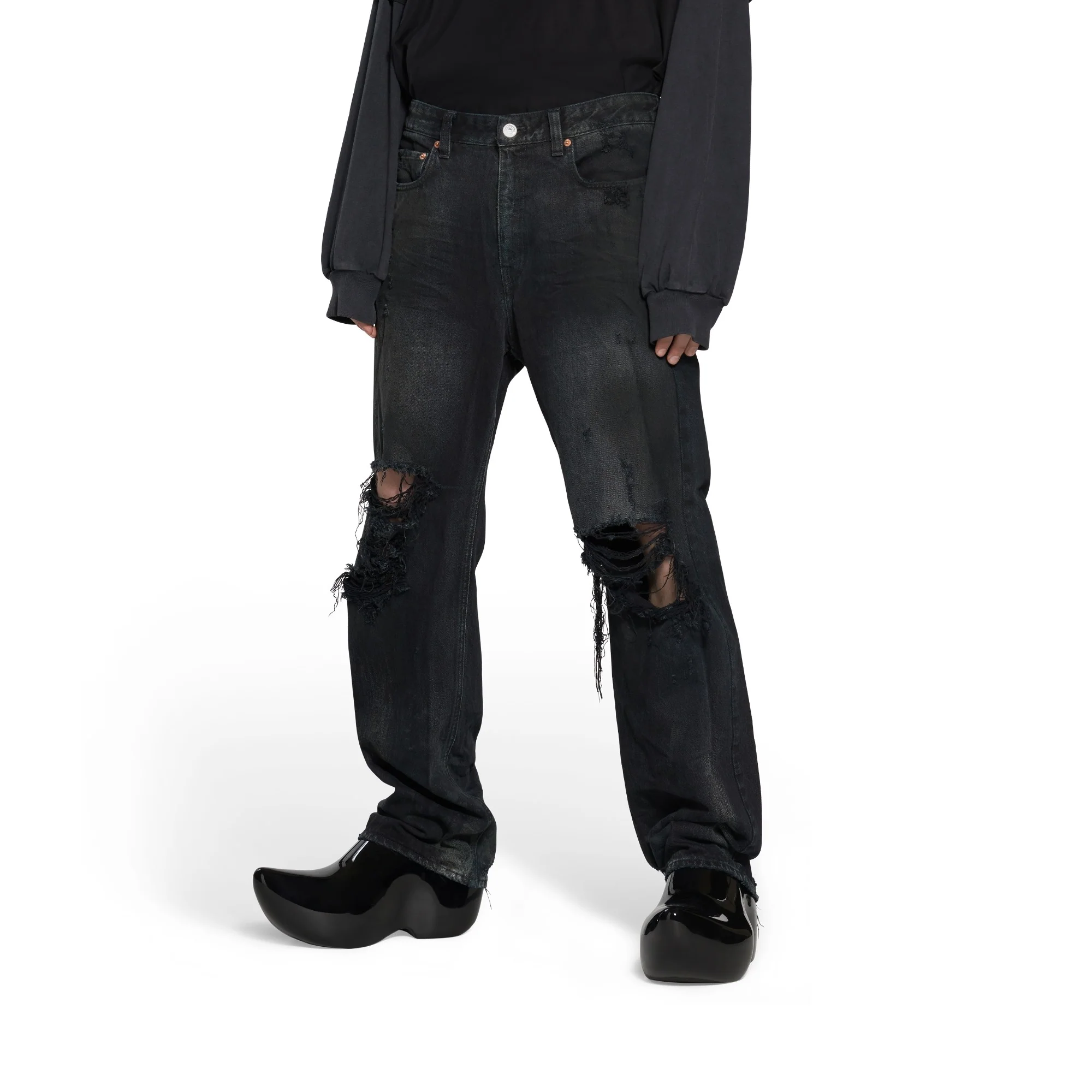 Ripped Medium Fit Pants - Flat Black - Image 3