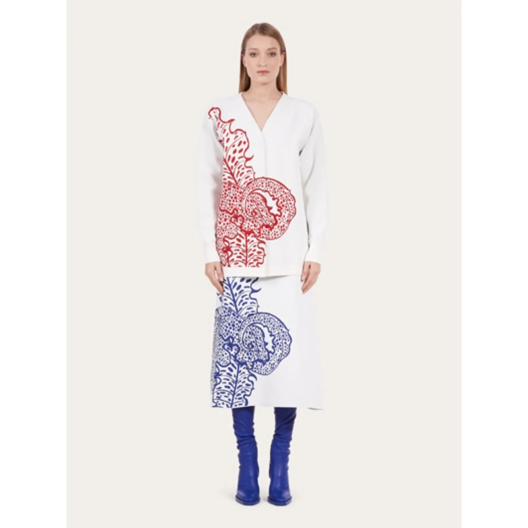 Viscose Jacquard Cardigan - Optic White/Red - Image 4