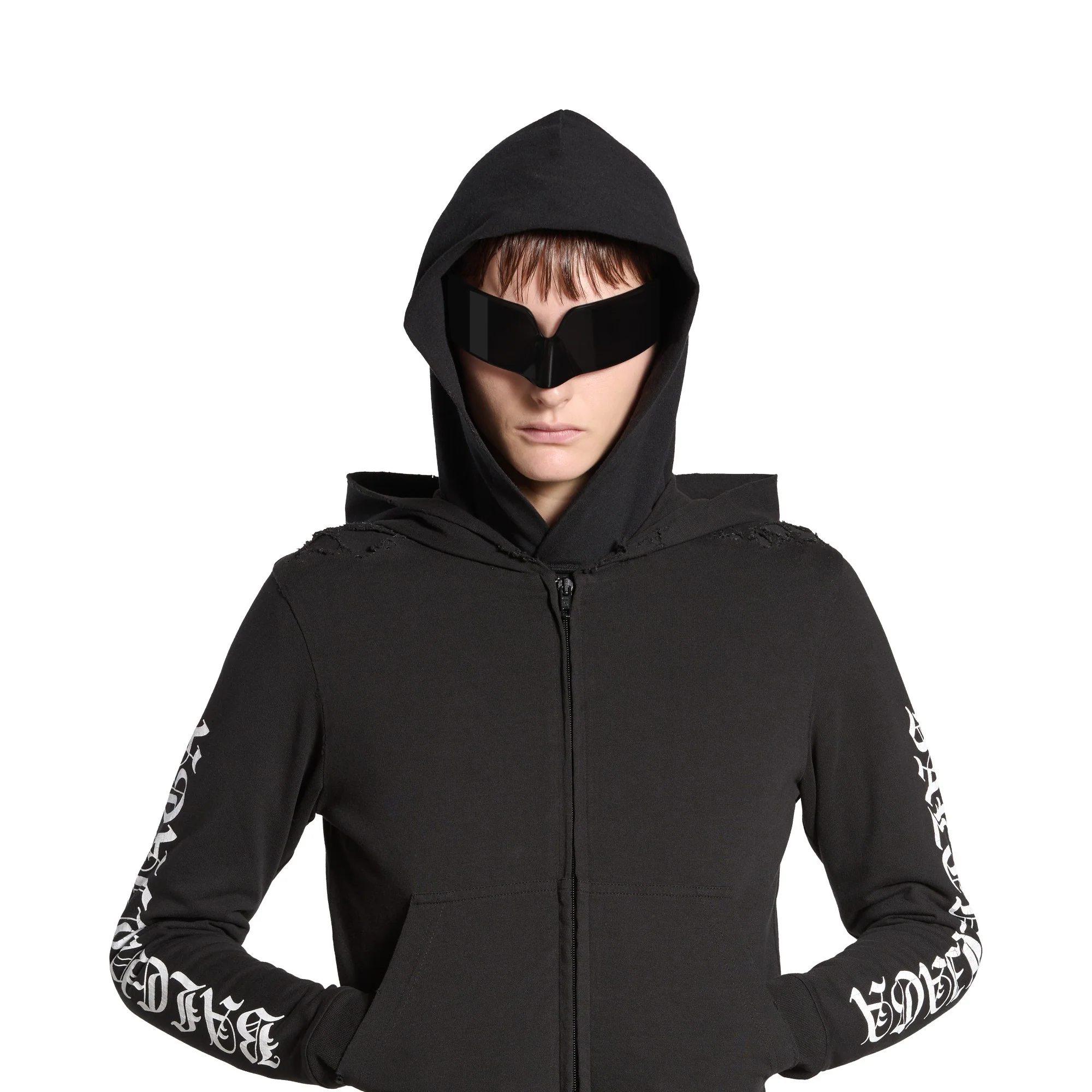 Slim Fit Zip-Up Hoodie - Faded Black/White - Image 3