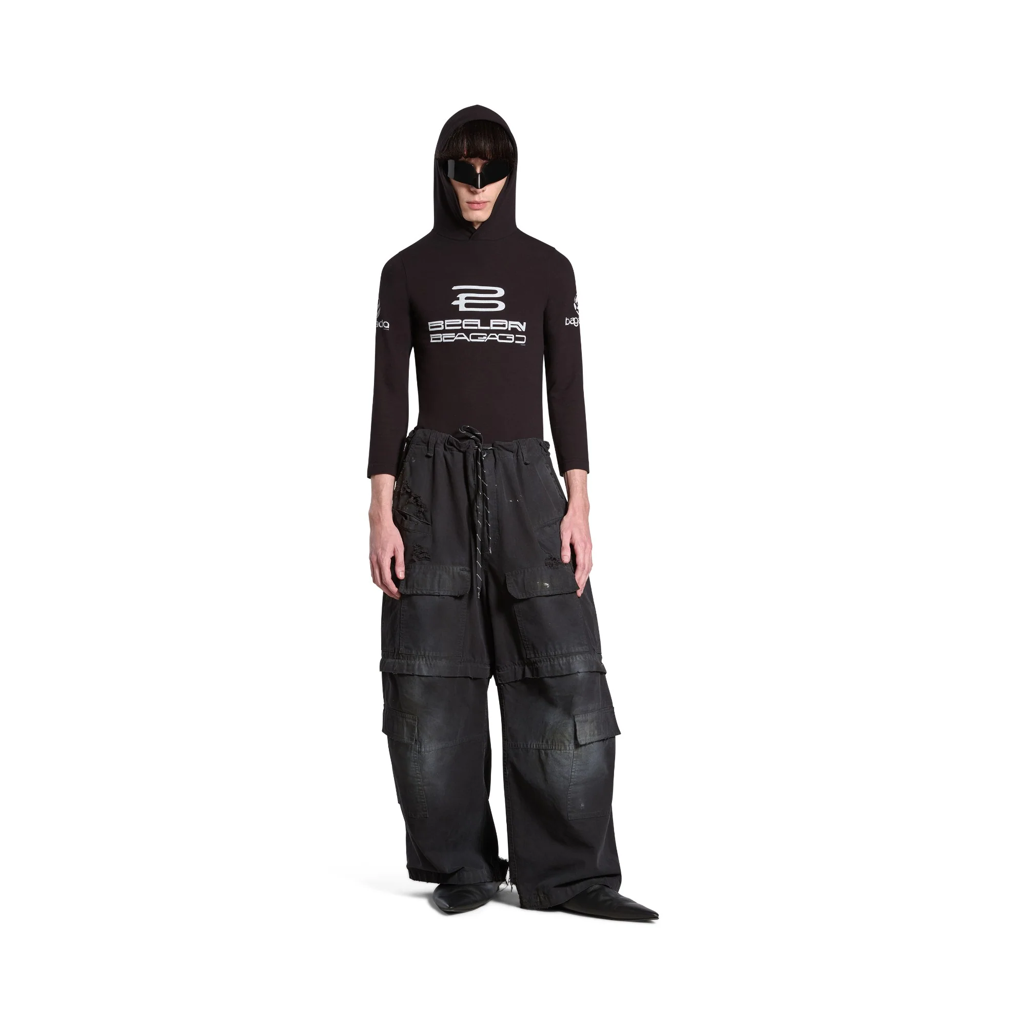 Long Sleeve Hooded T-Shirt - Washed Black/White - Image 4