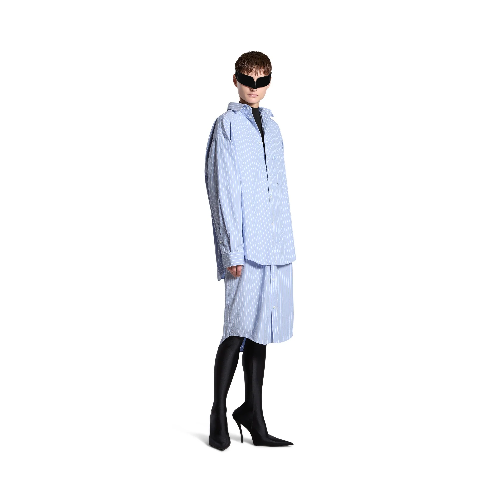 Layered Shirt Dress - Sky Blue/White - Image 5
