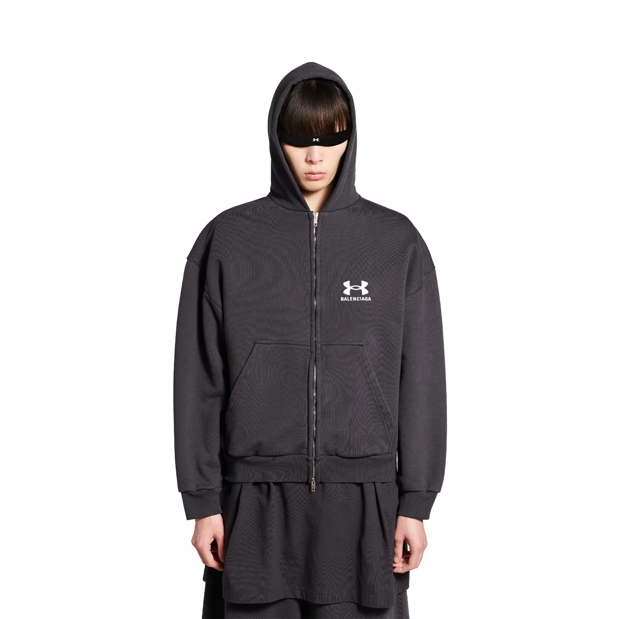 Under Armour Regular Zip-Up Hoodie - Washed Black/White - Image 3