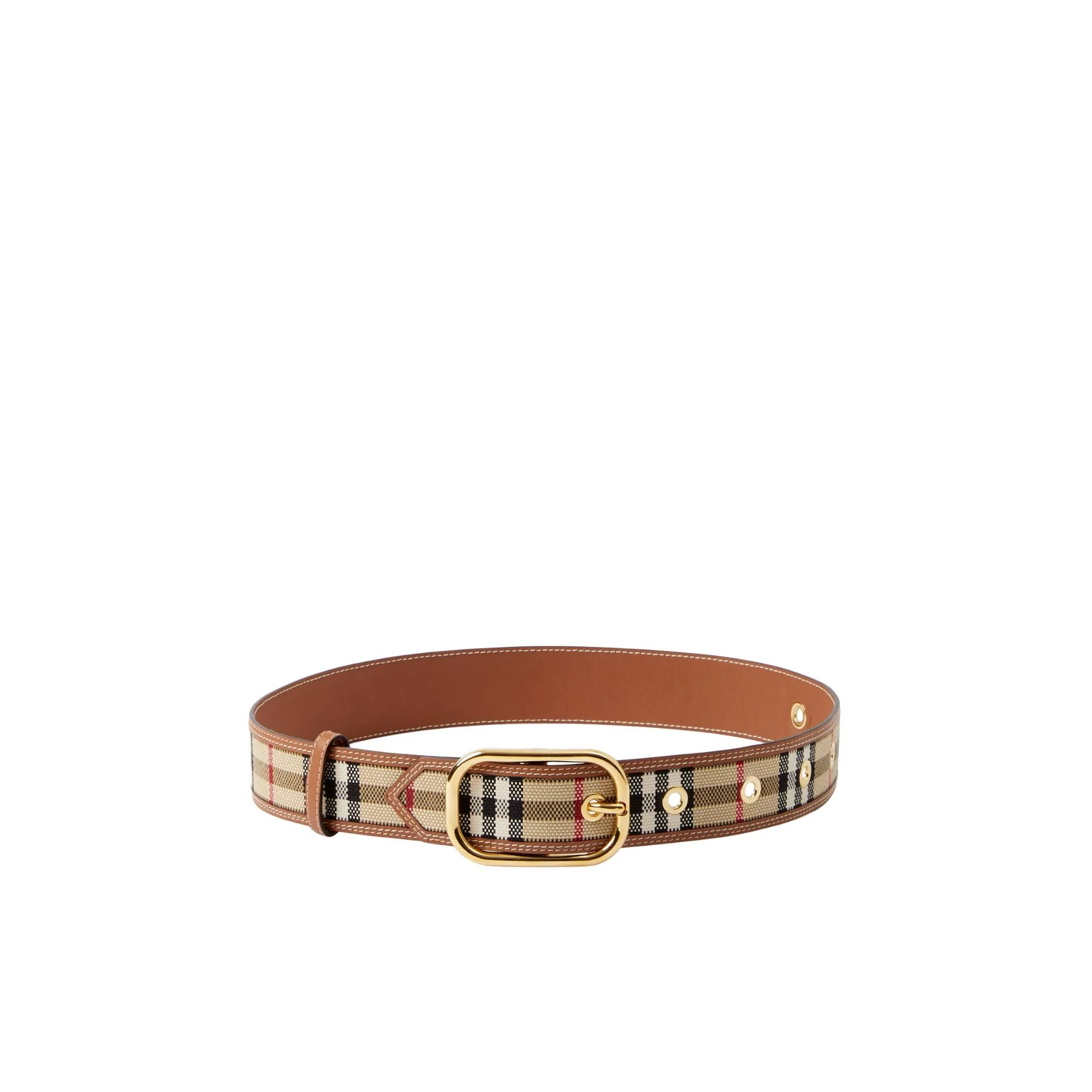 Check and Leather Belt - Archive Beige/Gold