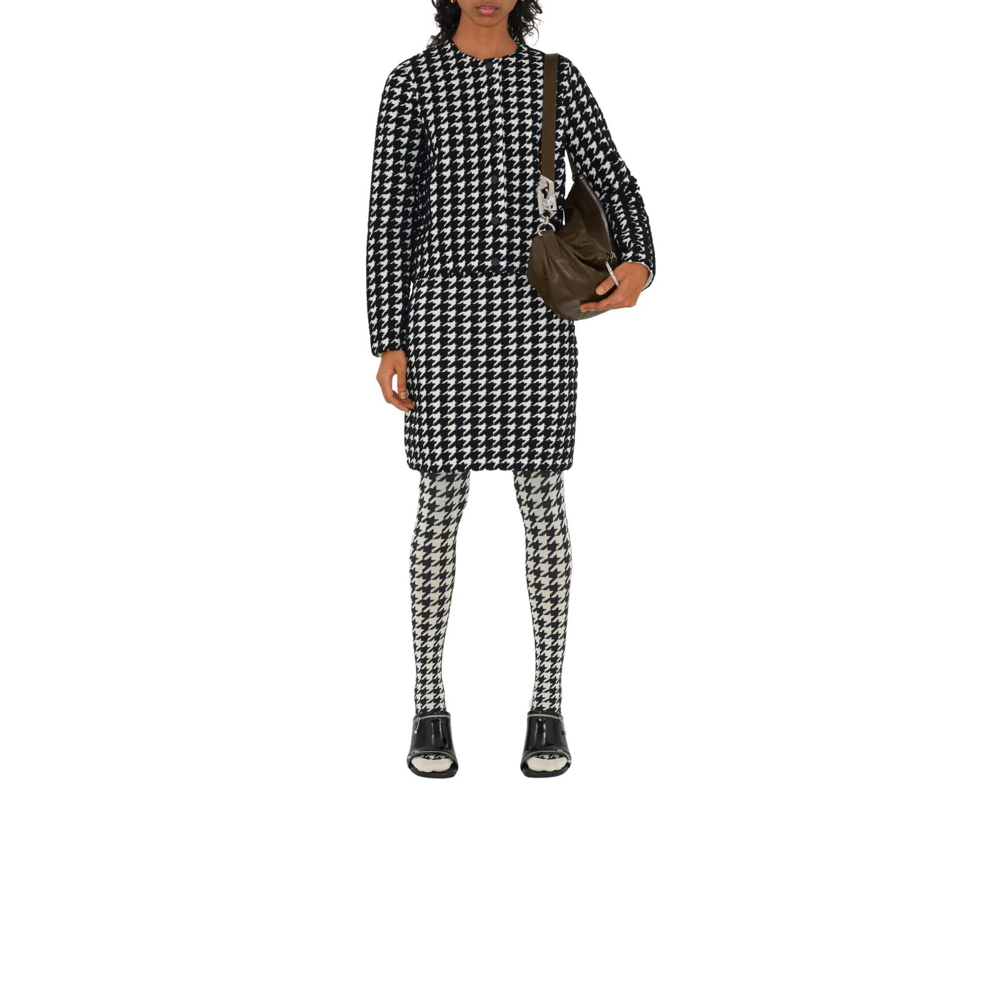 Houndstooth Nylon Blend Cardigan - Black IP Pattern - Image 2
