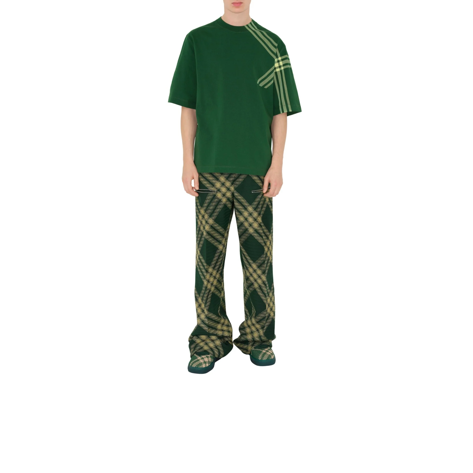 Check Sleeve Cotton T-shirt - Ivy - Image 2