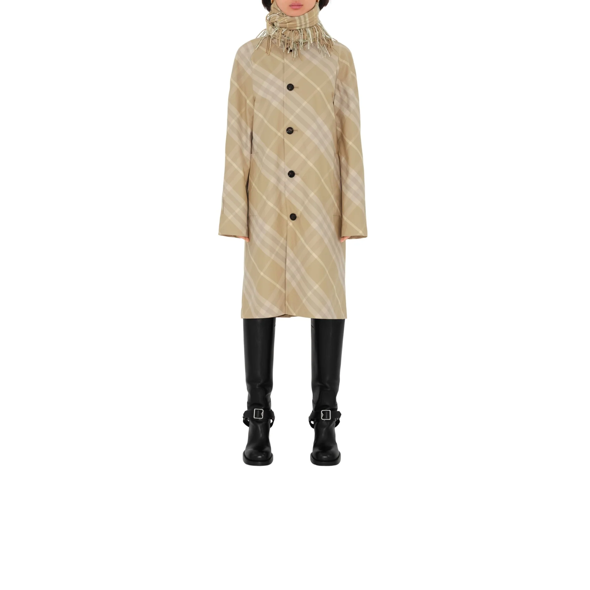 Mid-length Reversible Check Gabardine Car Coat - Flax - Image 2