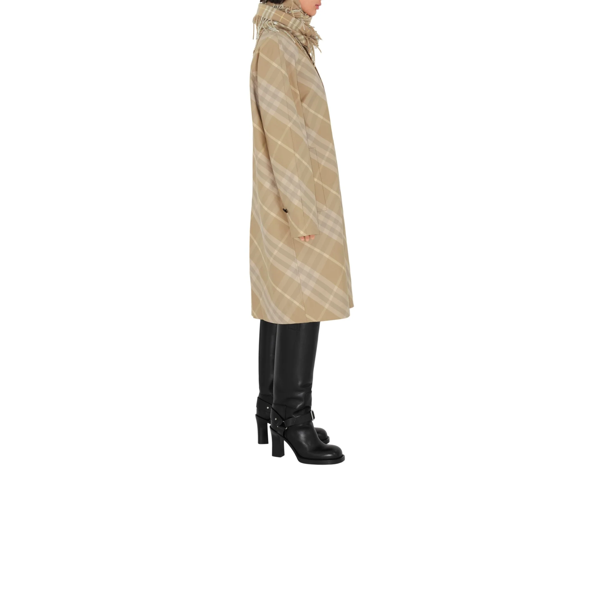 Mid-length Reversible Check Gabardine Car Coat - Flax - Image 3