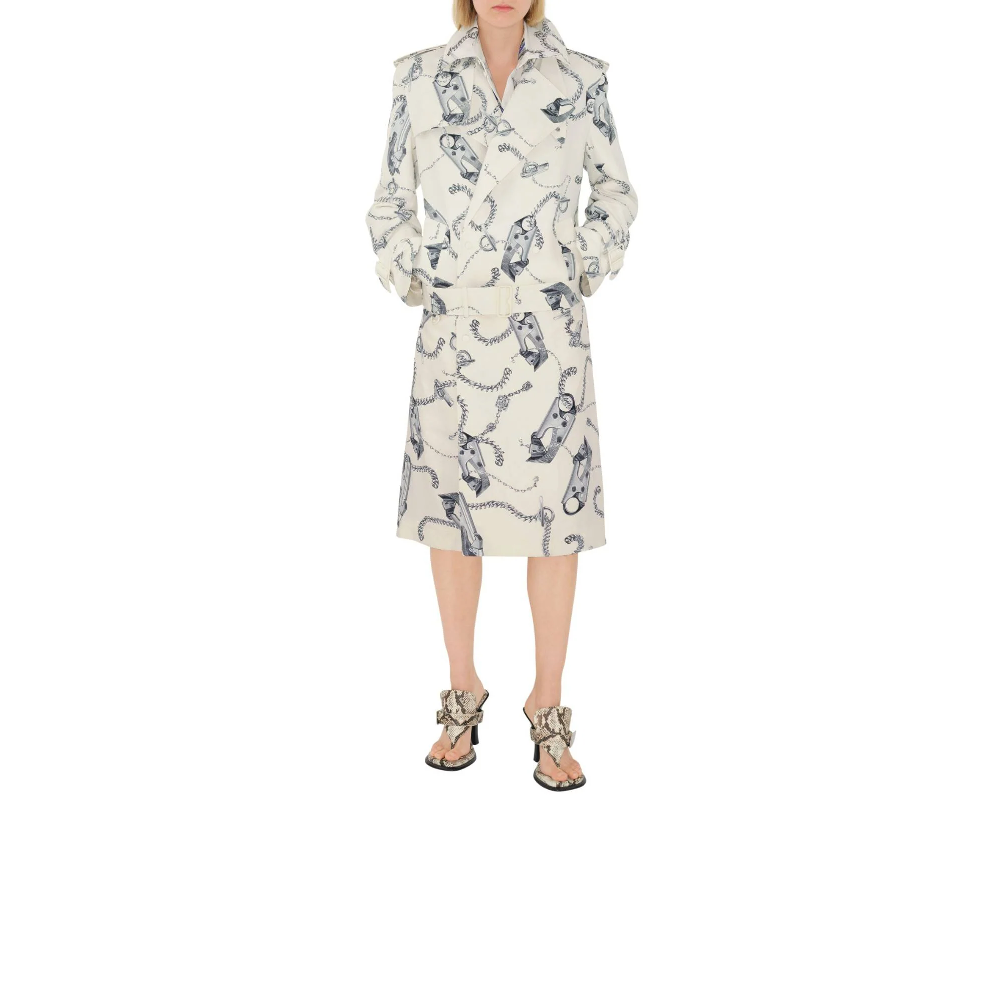 Long Knight Hardware Tricotine Trench Coat - Silver/White - Image 2