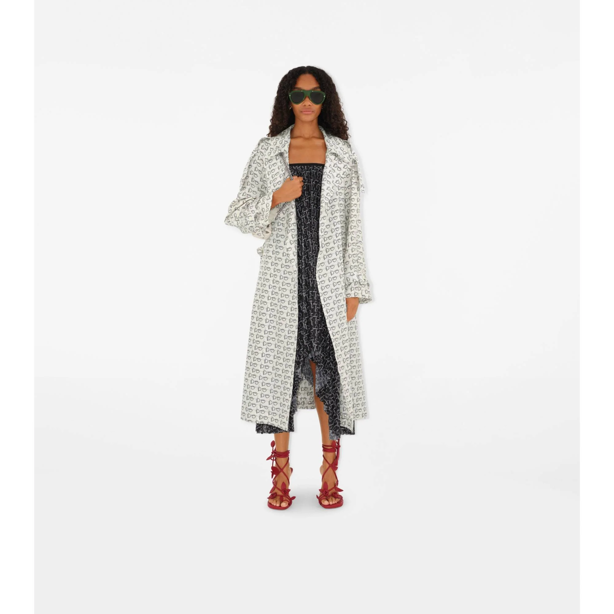 Long B Silk Trench Coat - White IP Pattern - Image 5