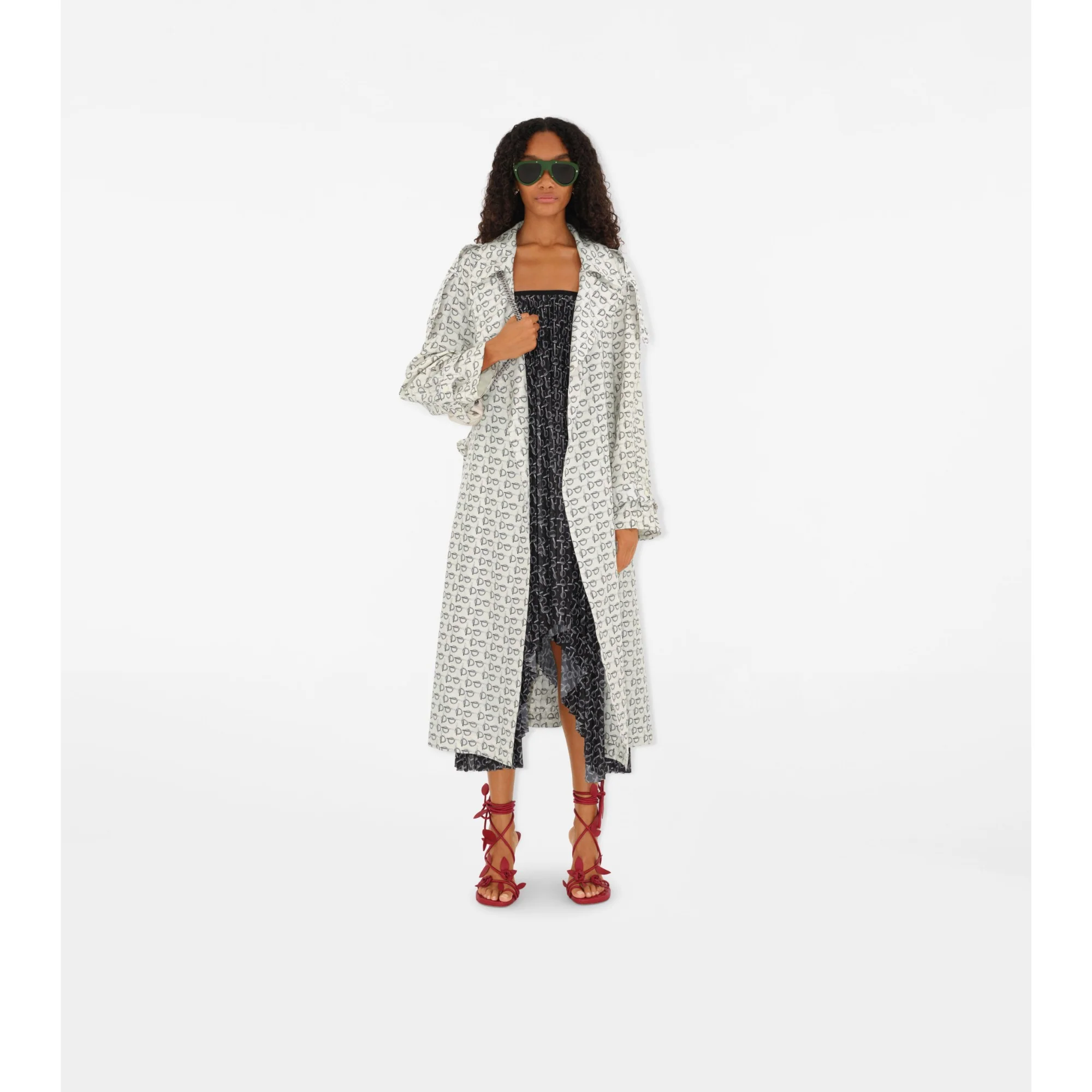 Long B Silk Trench Coat - White IP Pattern - Image 5