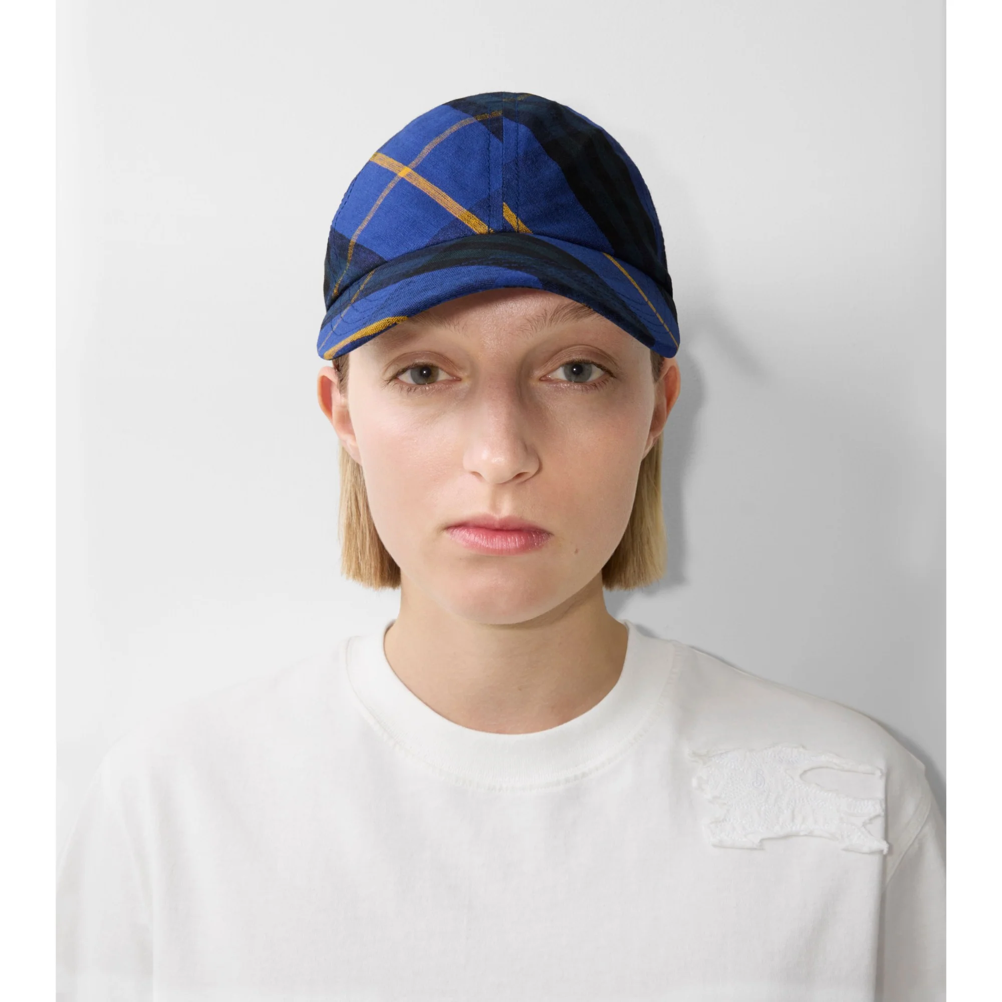 Check Linen Baseball Cap - Bright Navy IP Check - Image 2
