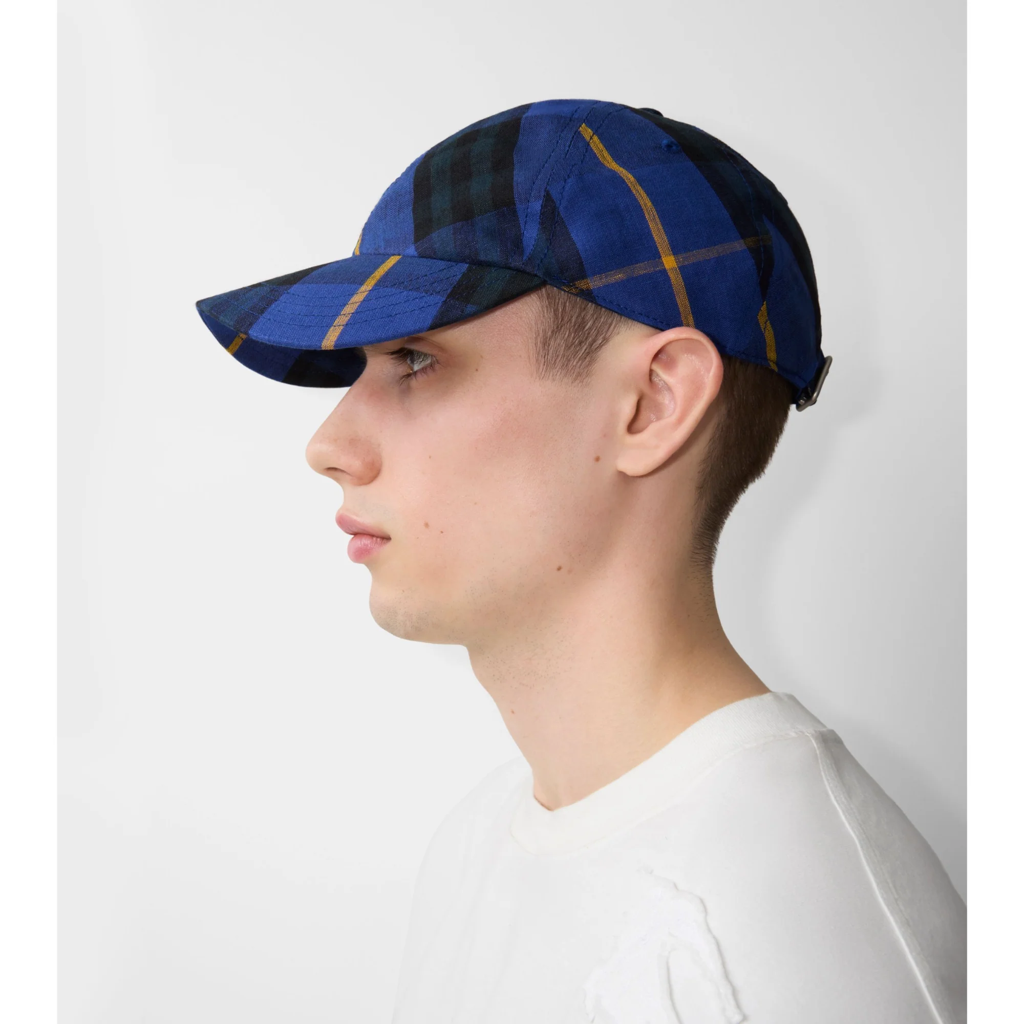 Check Linen Baseball Cap - Bright Navy IP Check - Image 5
