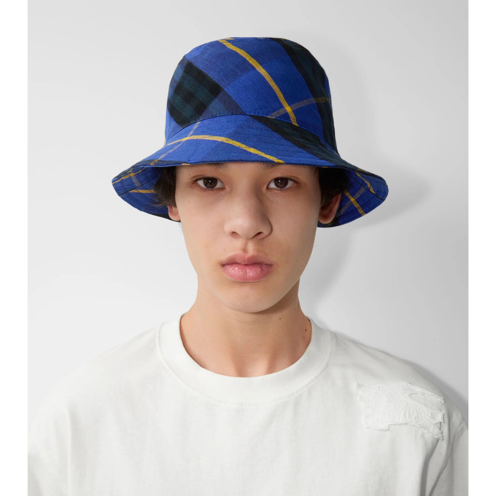 Check Linen Bucket Hat - Bright Navy IP Check - Image 4
