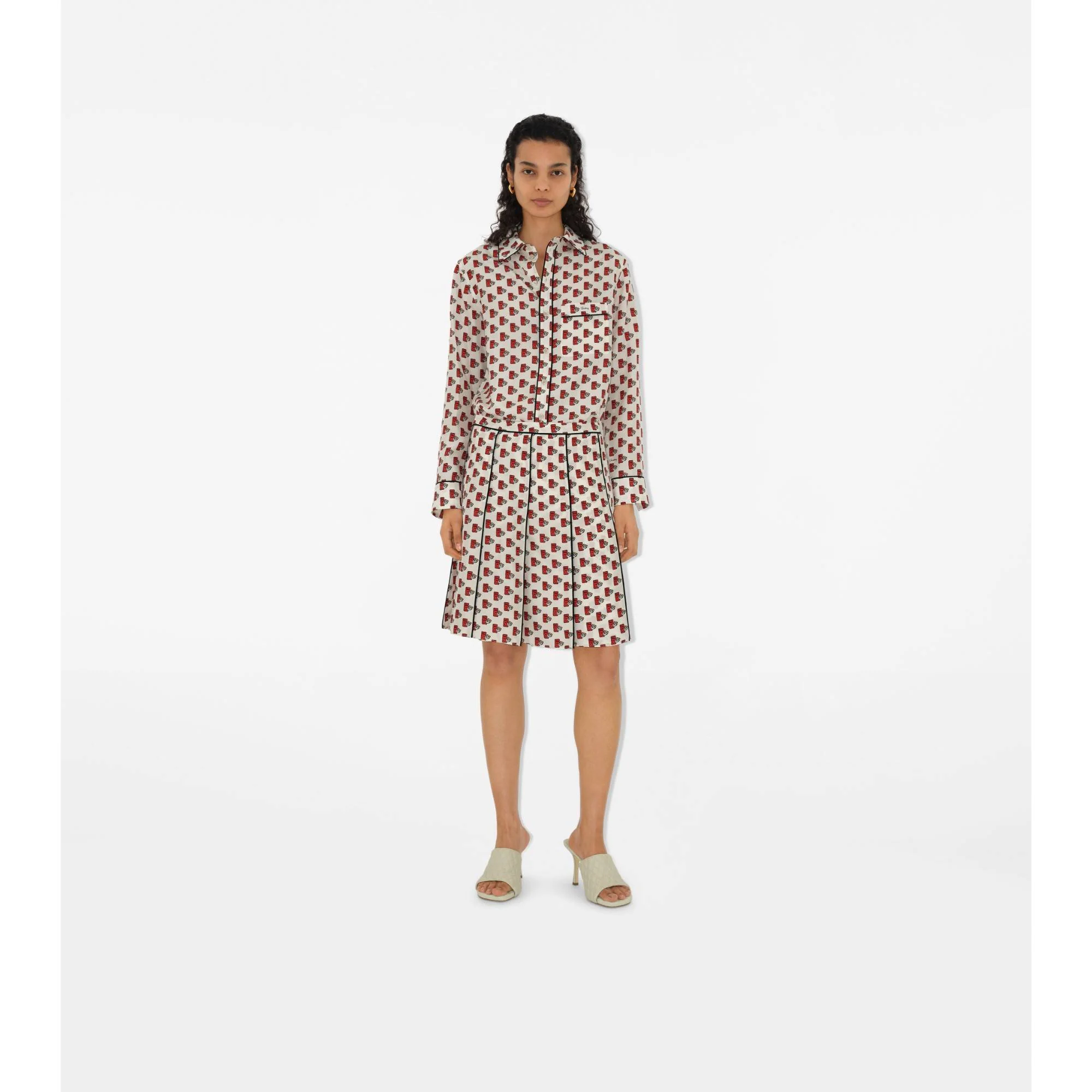 Pleated Postbox Silk Skirt - Chalk IP Pattern - Image 2