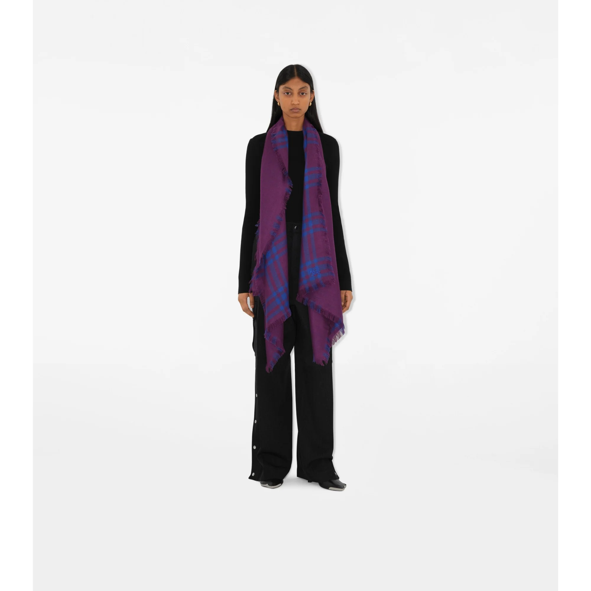 Reversible Check Wool Silk Scarf - Pansy - Image 3