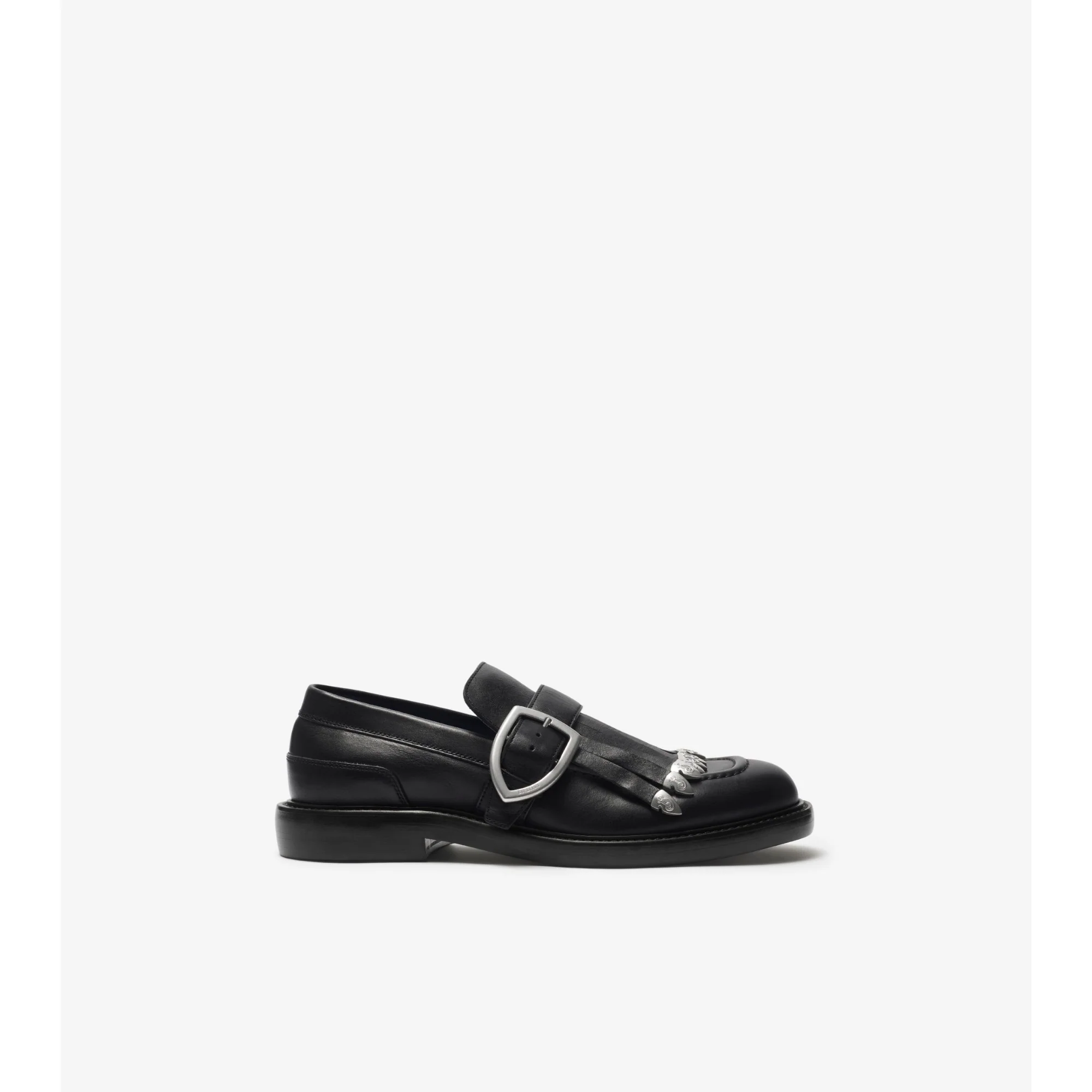 Leather Cobble Fringe Loafers - Black