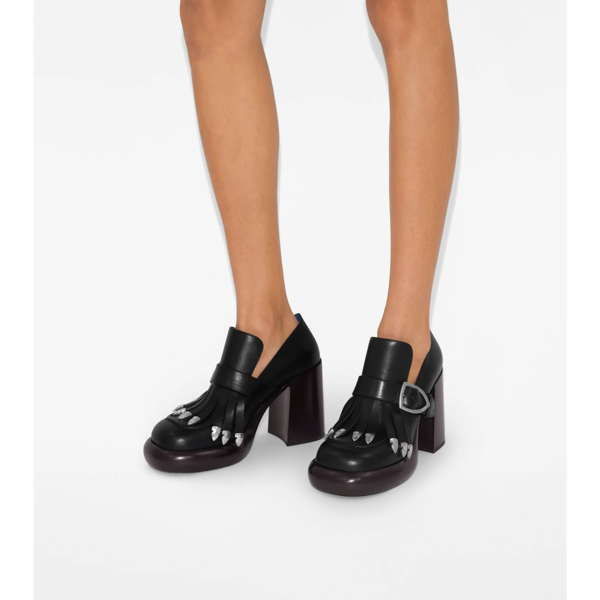 Leather Wedge Fringe Heeled Loafers - Black - Image 6
