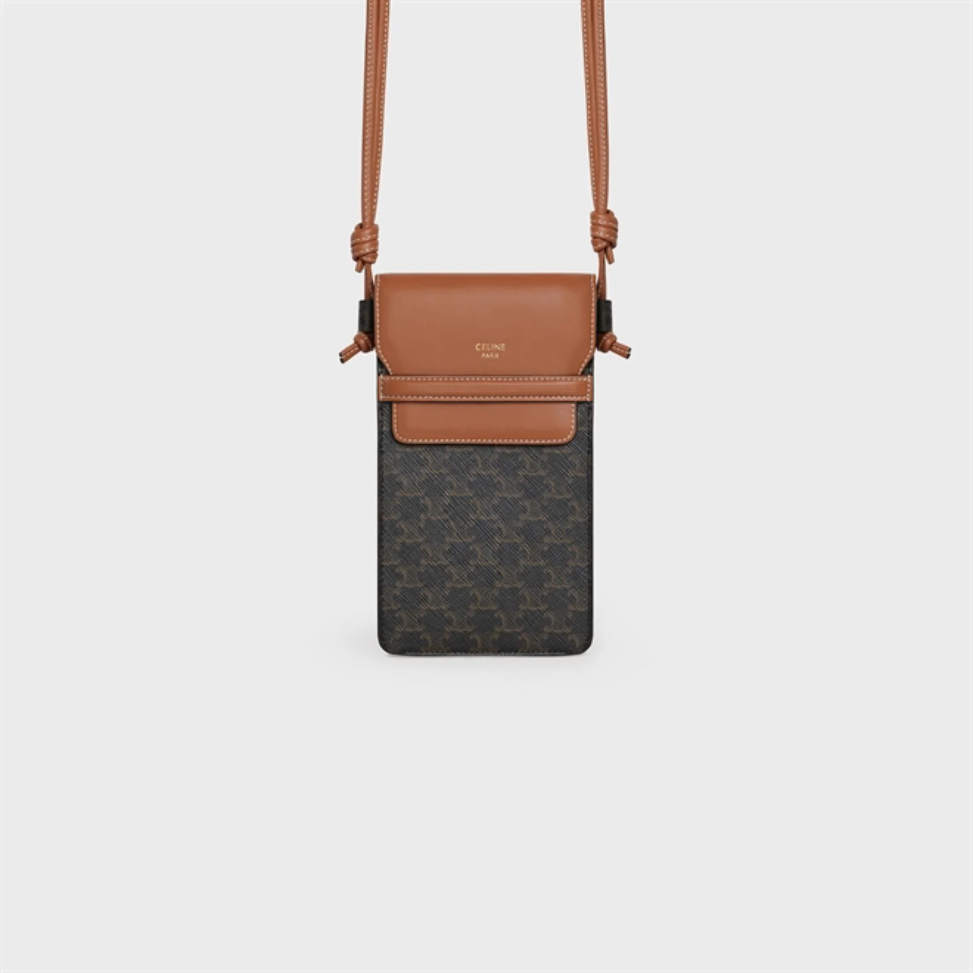 Triomphe Canvas Slg Phone Pouch With Flap & Lambskin - Tan