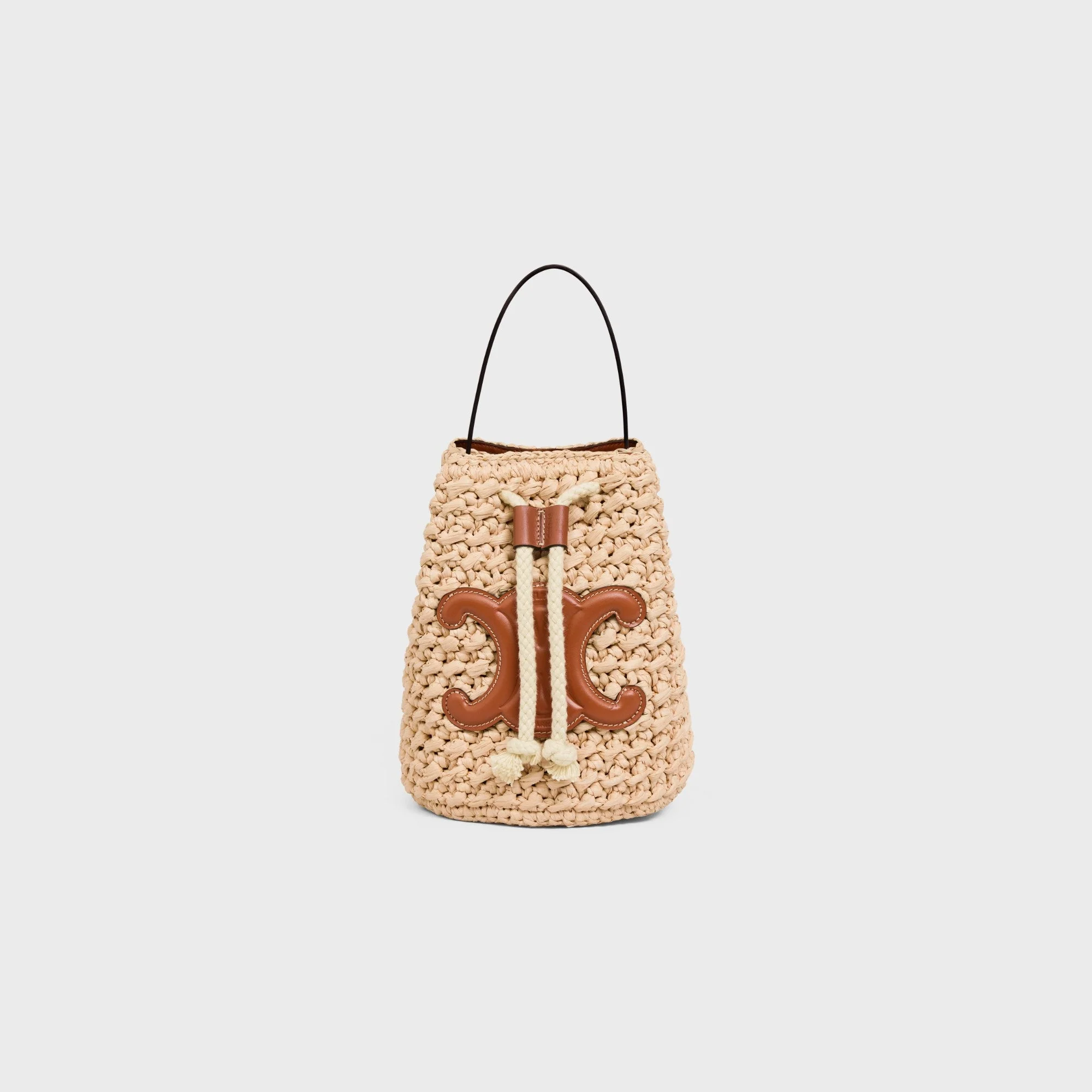 Cabas Celine Teen Drawstring Raffia & Calfskin - Natural / Tan