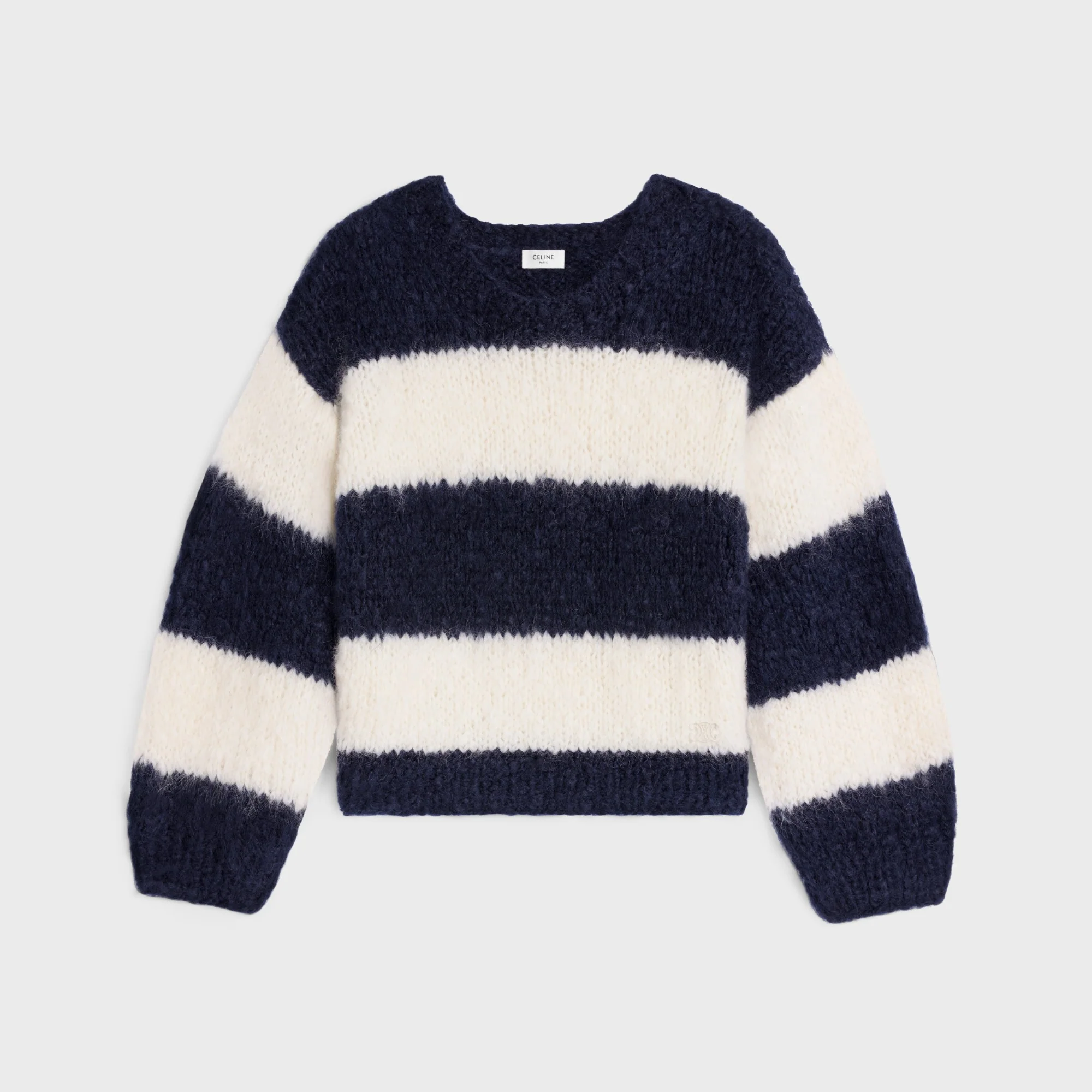 Pull Col Rond Oversize Laine Mohair Chunky Raye - Off White / Navy