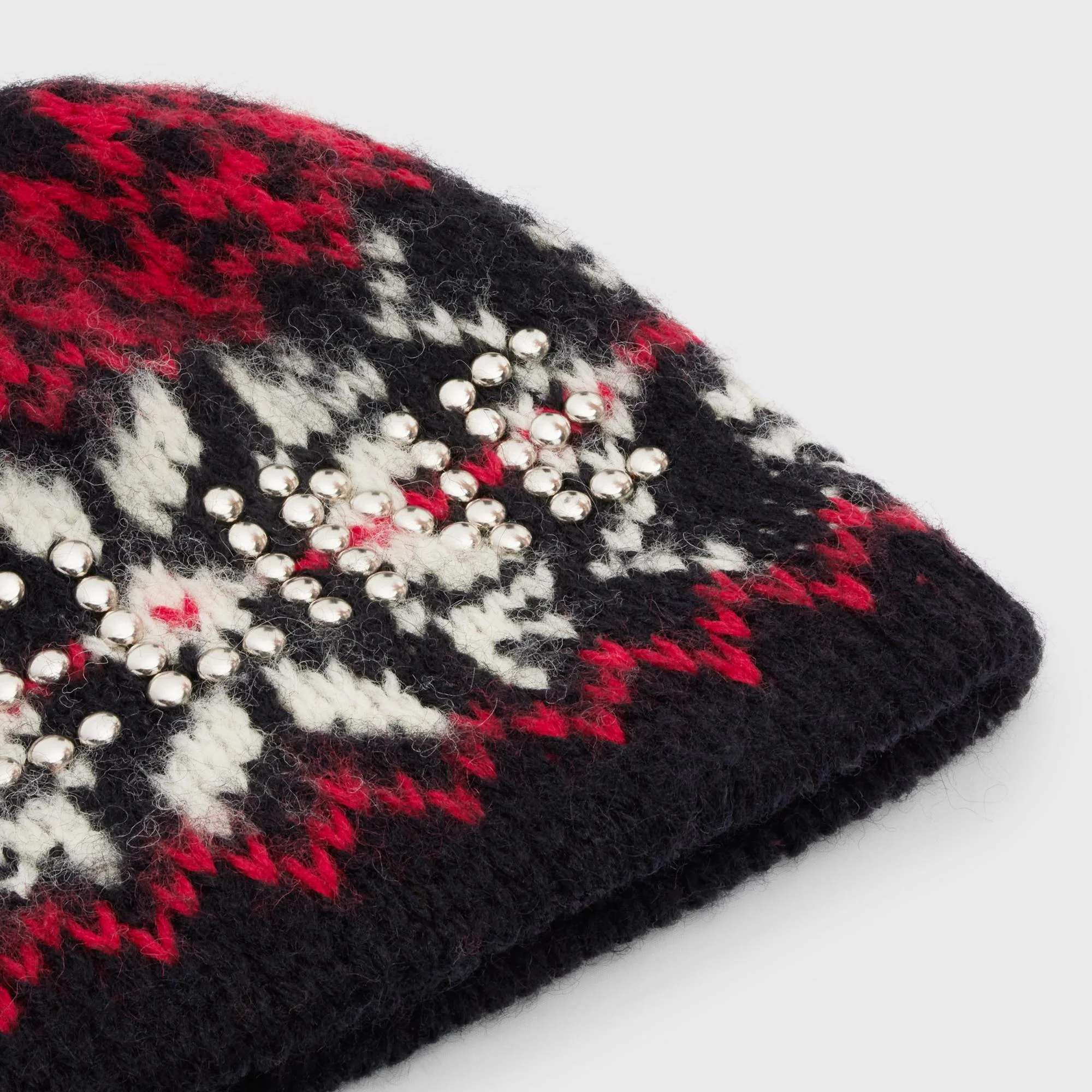 Beanie Jacquard Floçons Bonnet Celine Clous Laine - Black / Red / Off White - Image 4