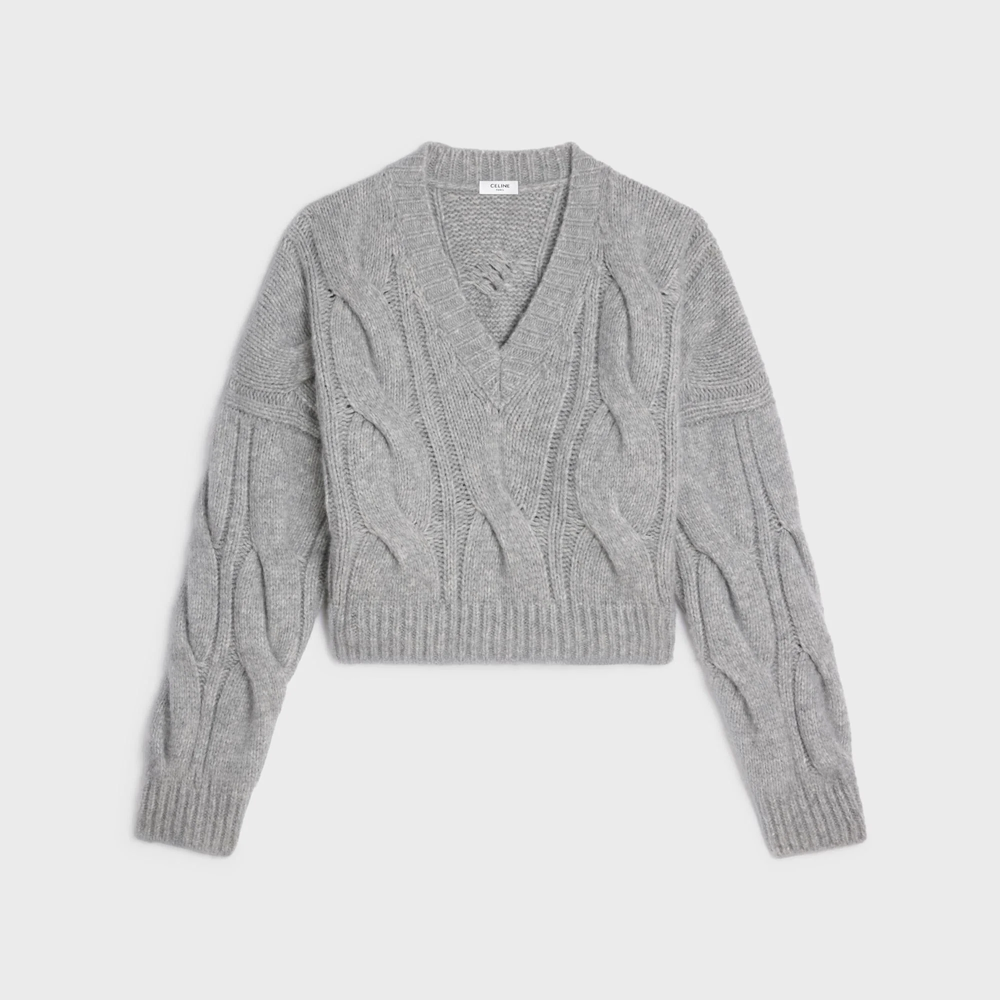 Pull Col V Torsades Cashmere Soie Cachemire - Light Grey