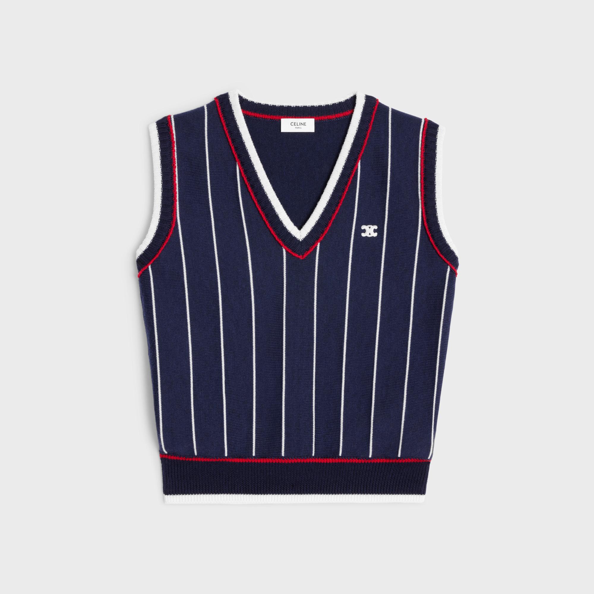 V-Neck Sweater Striped Wool Pull Sans Manche Col V Laine Rayée - Navy/Poppy Red/Off White