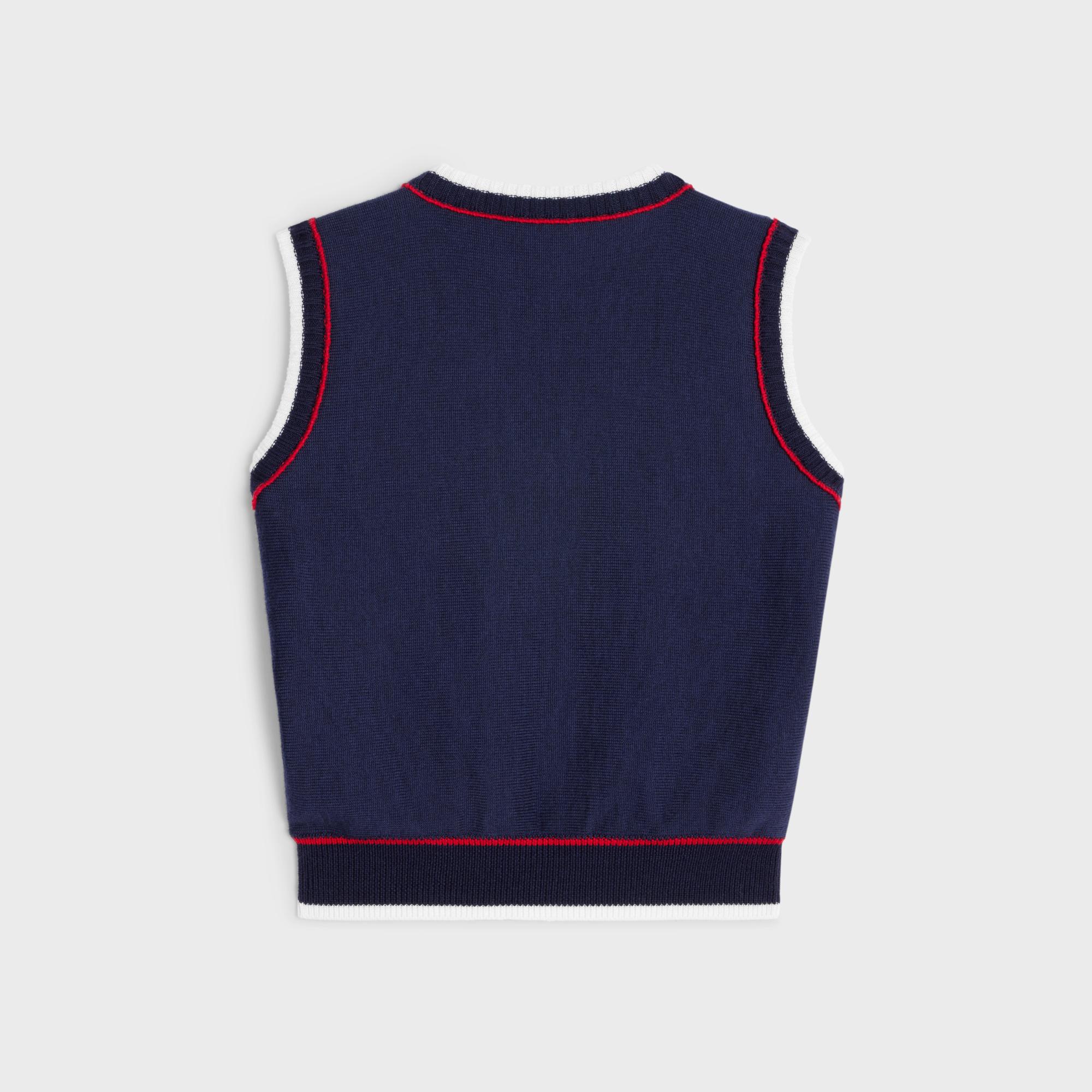 V-Neck Sweater Striped Wool Pull Sans Manche Col V Laine Rayée - Navy/Poppy Red/Off White - Image 2