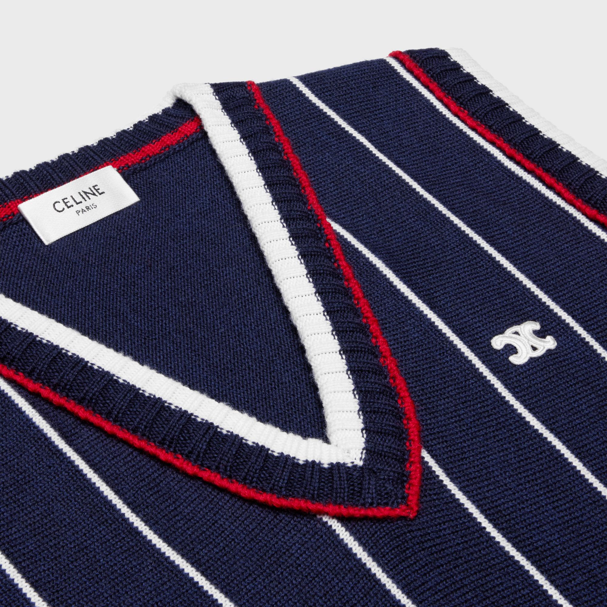V-Neck Sweater Striped Wool Pull Sans Manche Col V Laine Rayée - Navy/Poppy Red/Off White - Image 3