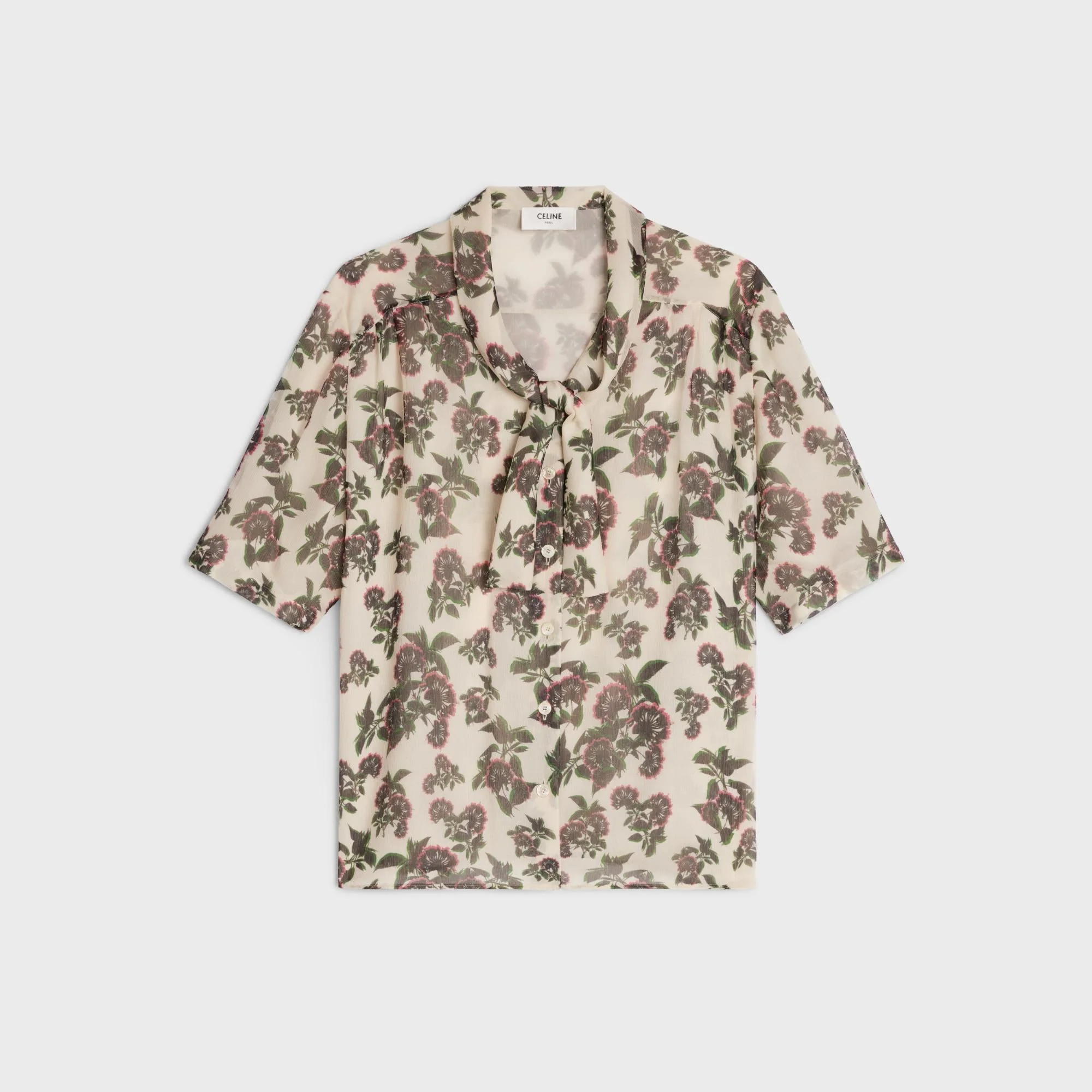 Blouse Lavallière Basse Crêpon Passiflore Graphique - Craie/Noir/Fushia
