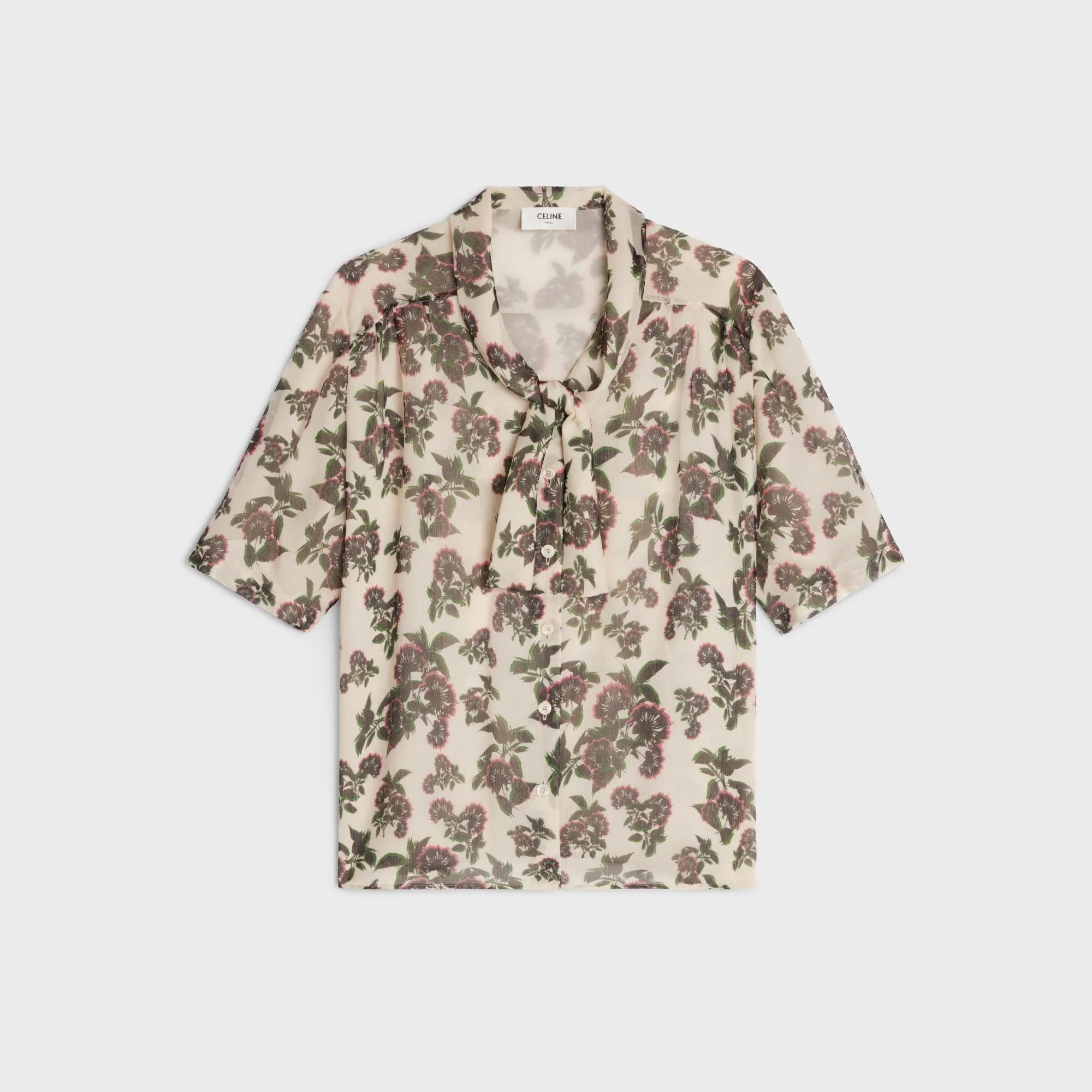 Blouse Lavallière Basse Crêpon Passiflore Graphique - Craie/Noir/Fushia