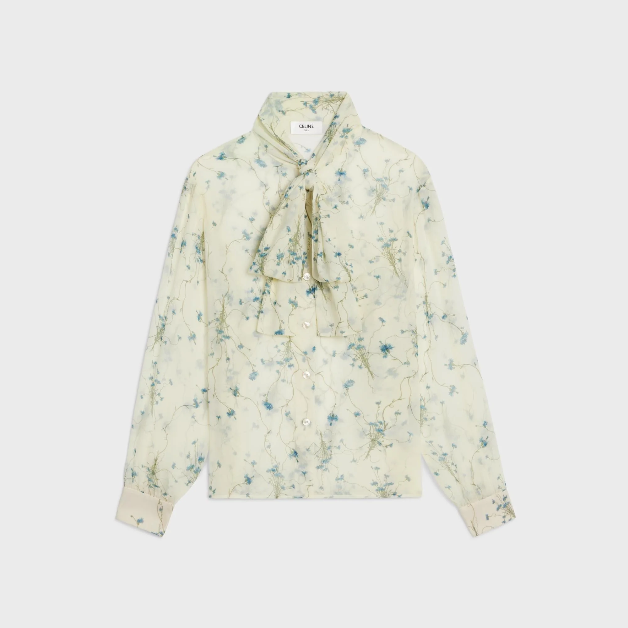Blouse Valalliere Georgette Soie Fleurs - Vanille/Bleu - Image 4