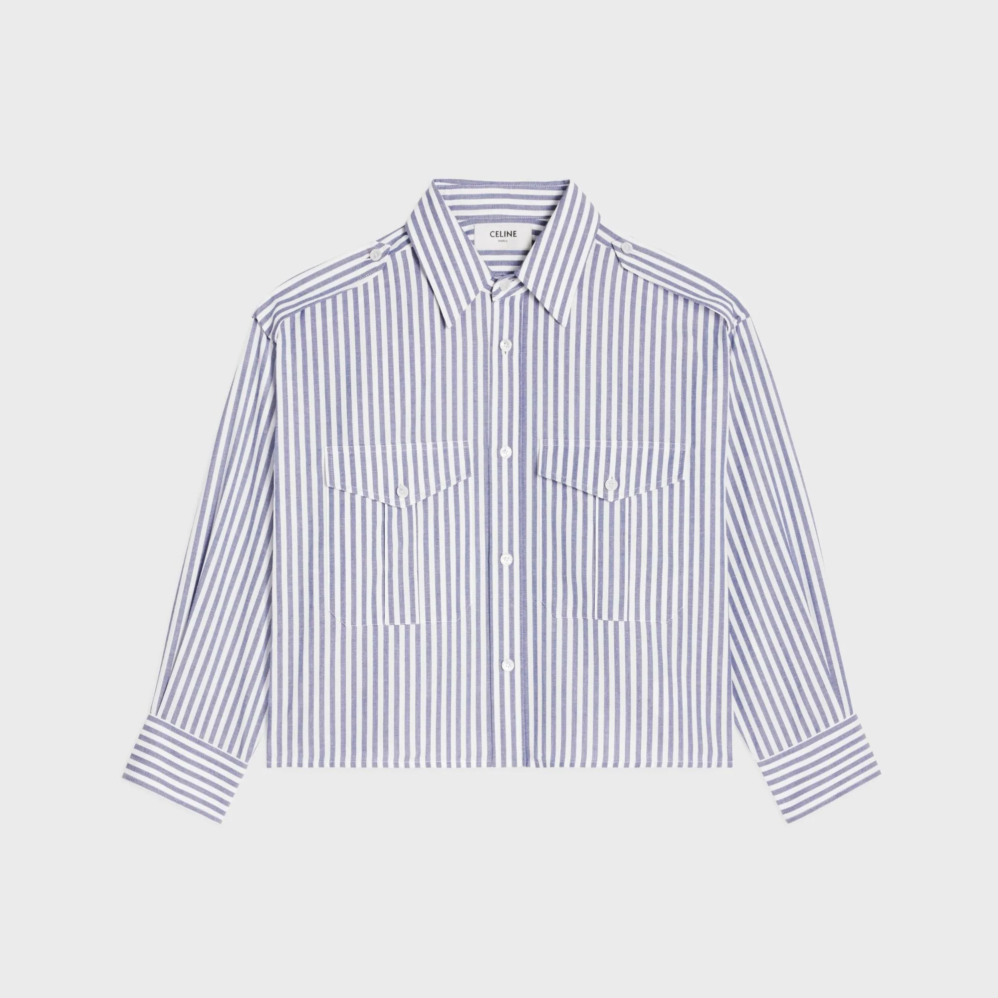 Chemise Reporter Cropped Coton Chambray - Blanc/Bleu