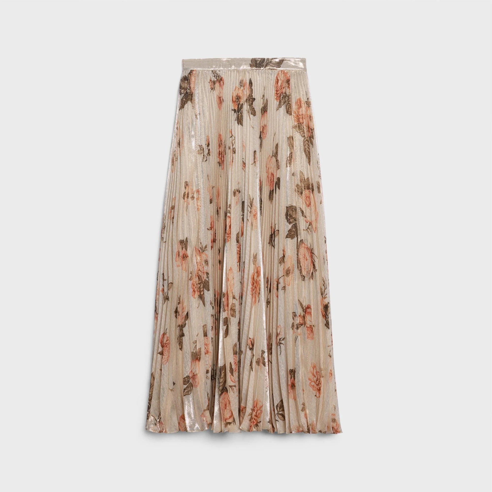 Jupe Plisse Soleil Soie Lamée Roses Epines - Beige/Brun/Khaki
