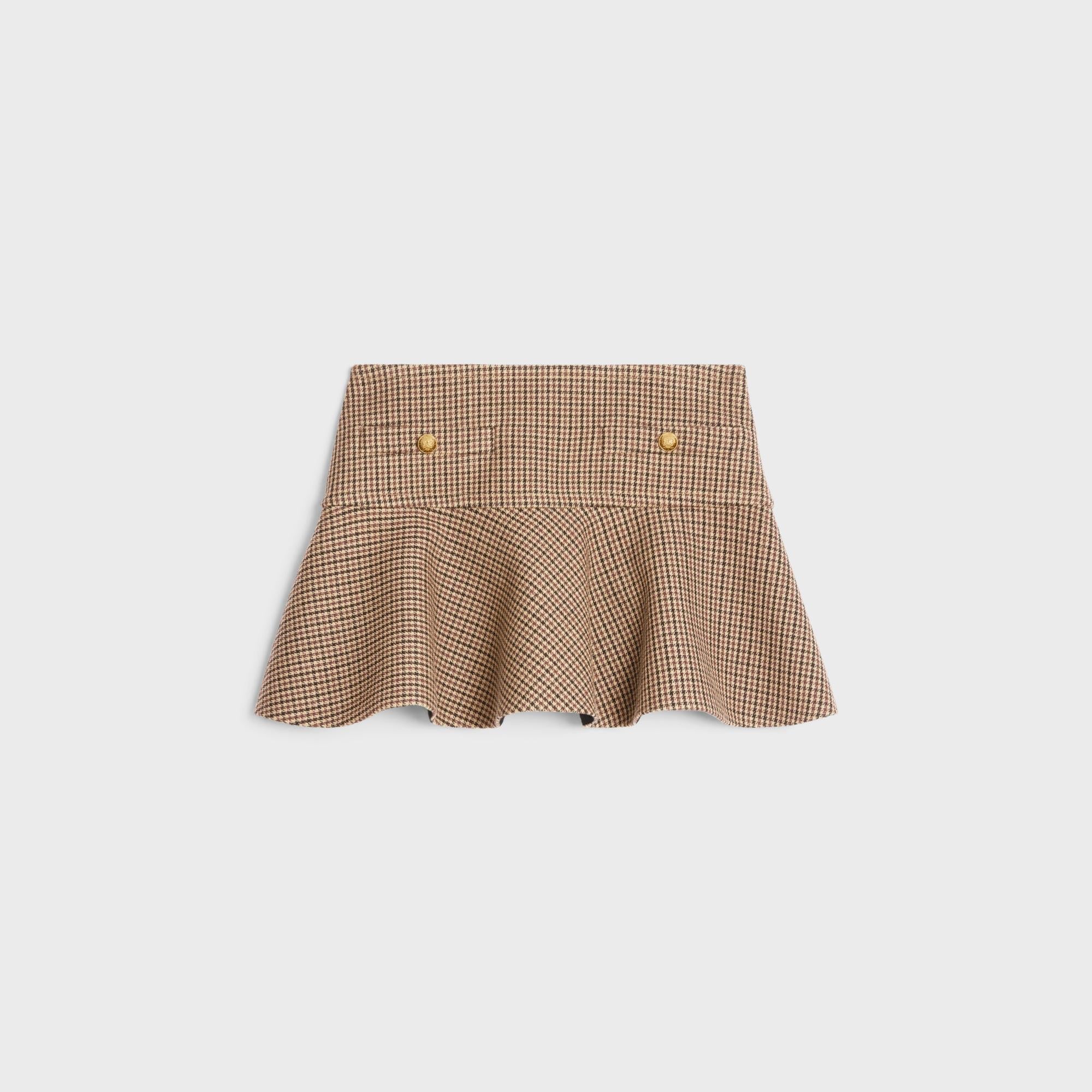 Mini Jupe Volant Poches Double Laine Pied De Poule - Bordeaux / Beige / Black