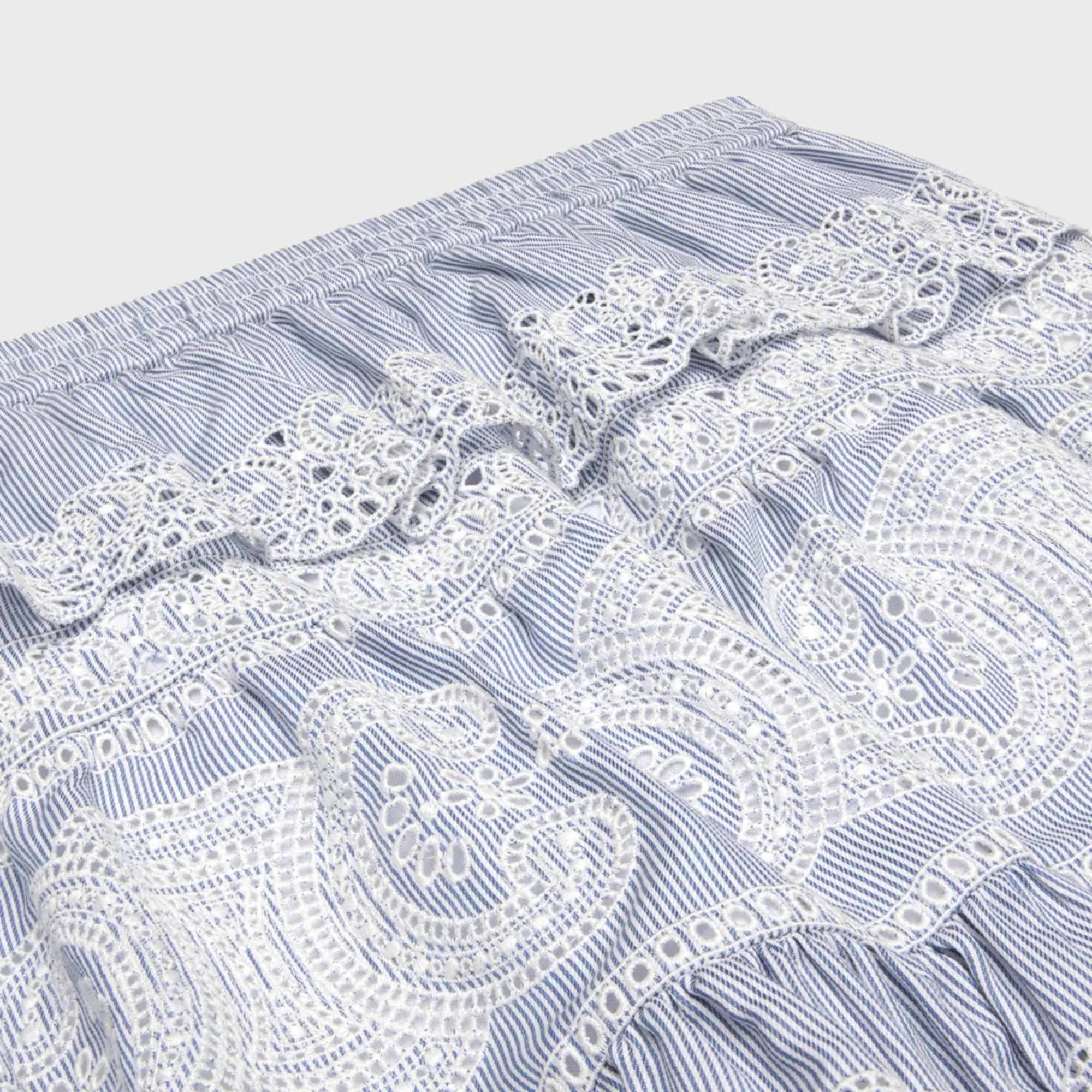 Mini Jupe Broderie Anglaise Twill Coton Cashmere Raye Cachemire - Craie/Marine - Image 3