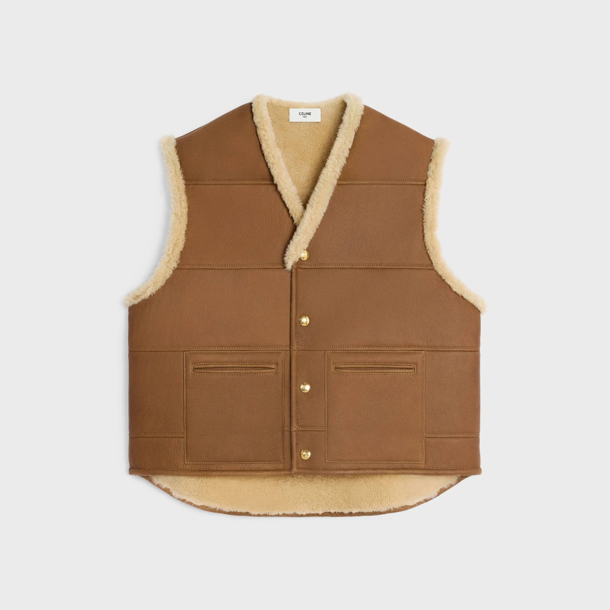 Veste Sans Manches Oversized Shearling Agneau Frise Finition Patinee - Sahara / Honey