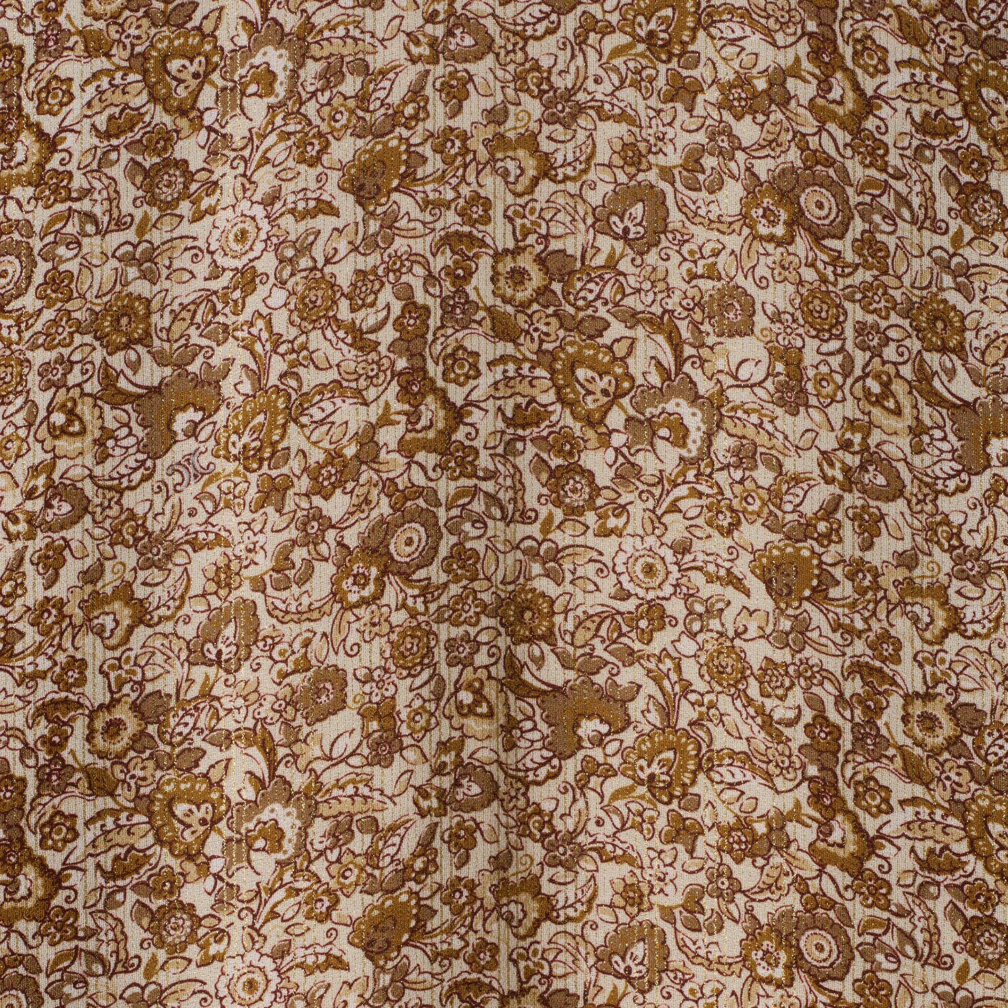 Mini Dress Babydoll Col V Sable Lame Fleurs Robe - Ecru/Beige/Marron - Image 4