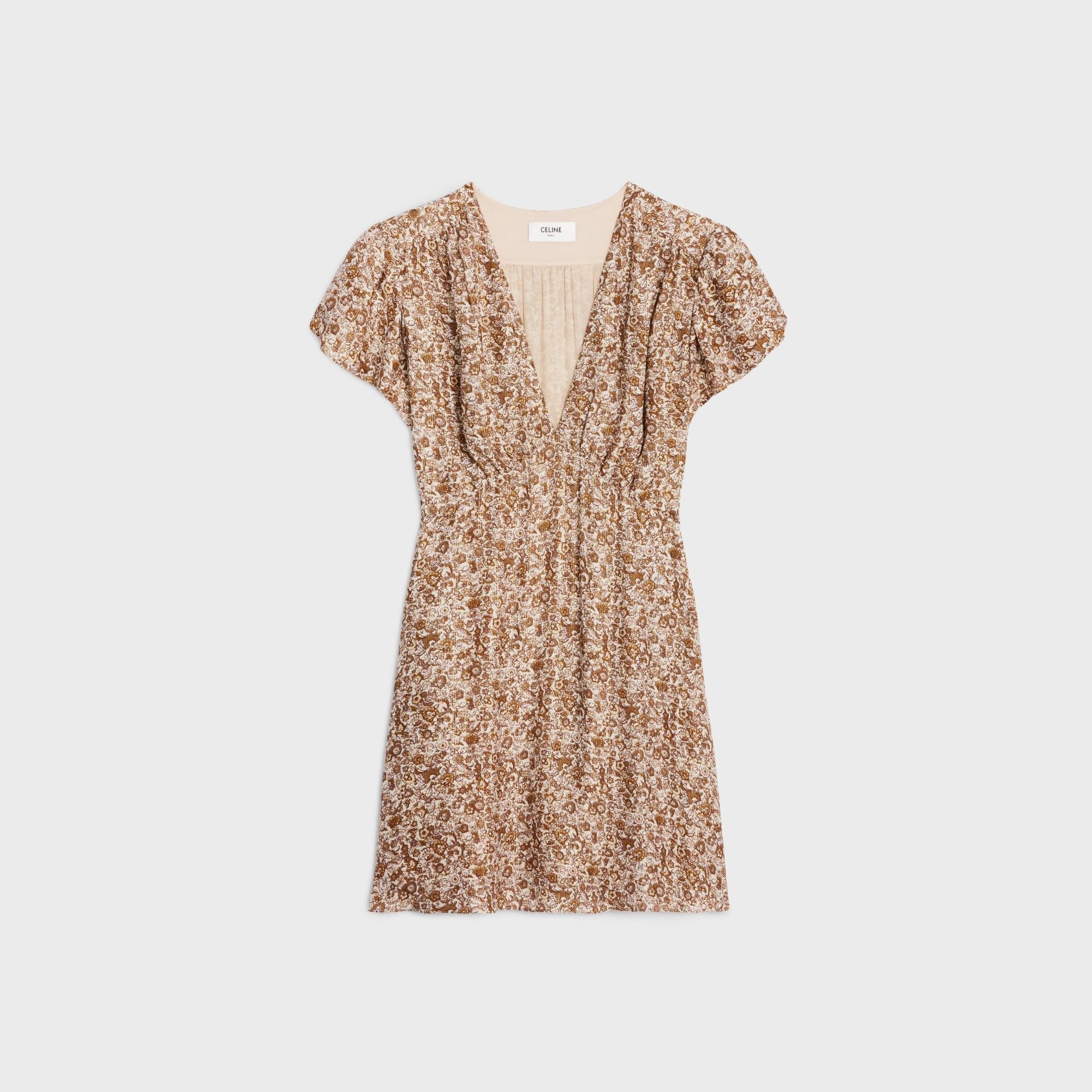 Mini Dress Babydoll Col V Sable Lame Fleurs Robe - Ecru/Beige/Marron