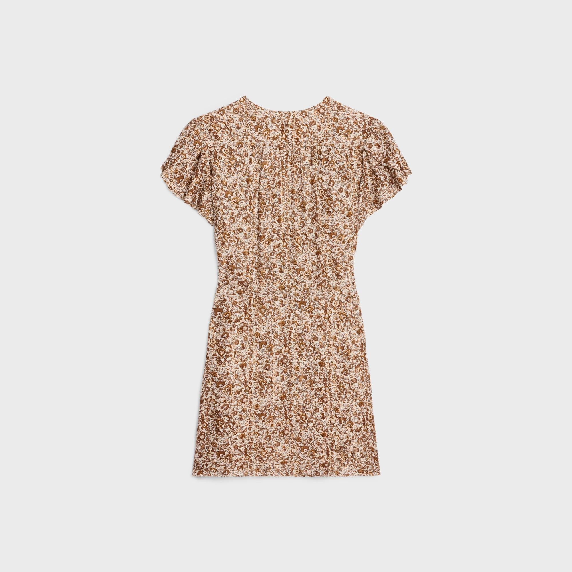 Mini Dress Babydoll Col V Sable Lame Fleurs Robe - Ecru/Beige/Marron - Image 2