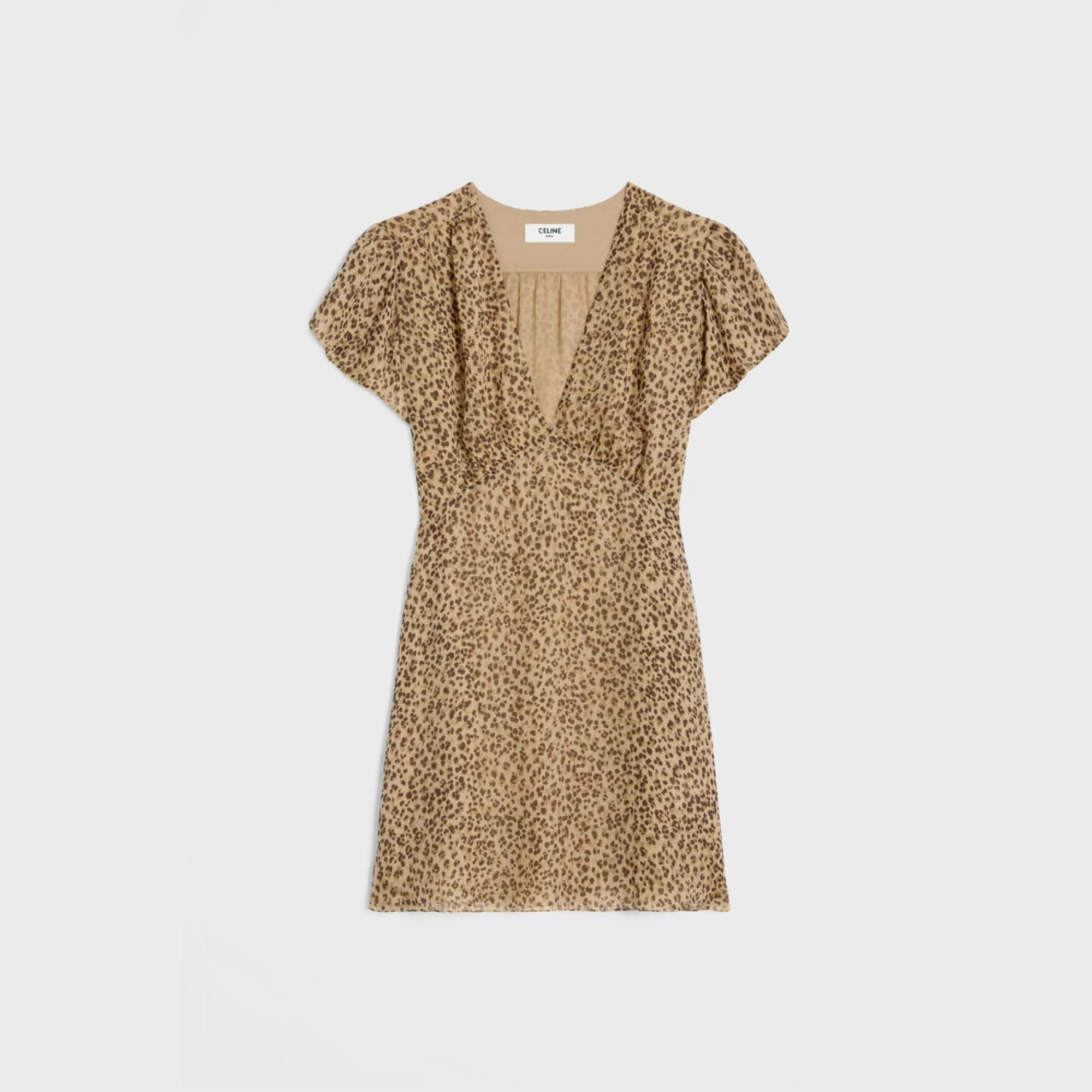 Mini Robe Babydoll Col V Mousseline Petit Léopard - Vanille/Marron