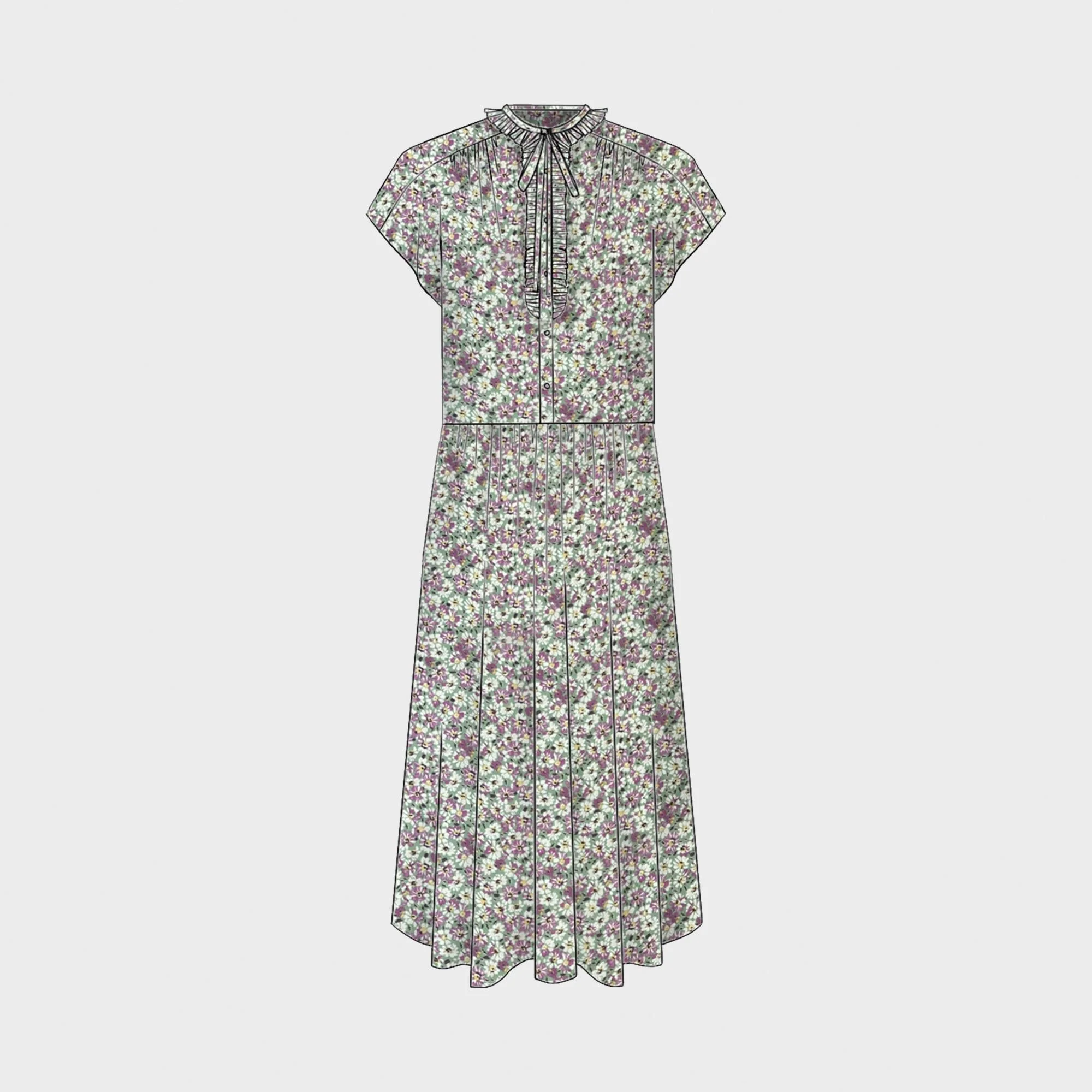 Dress Manches Capes Frill Georgette Soie Paquerettes Robe - Vert/Rose